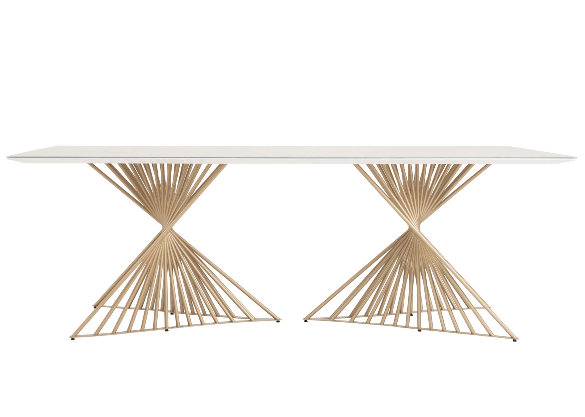 Mesa de jantar retangular Fit com base em aço carbono dourado e tampo branco laqueado com vidro.