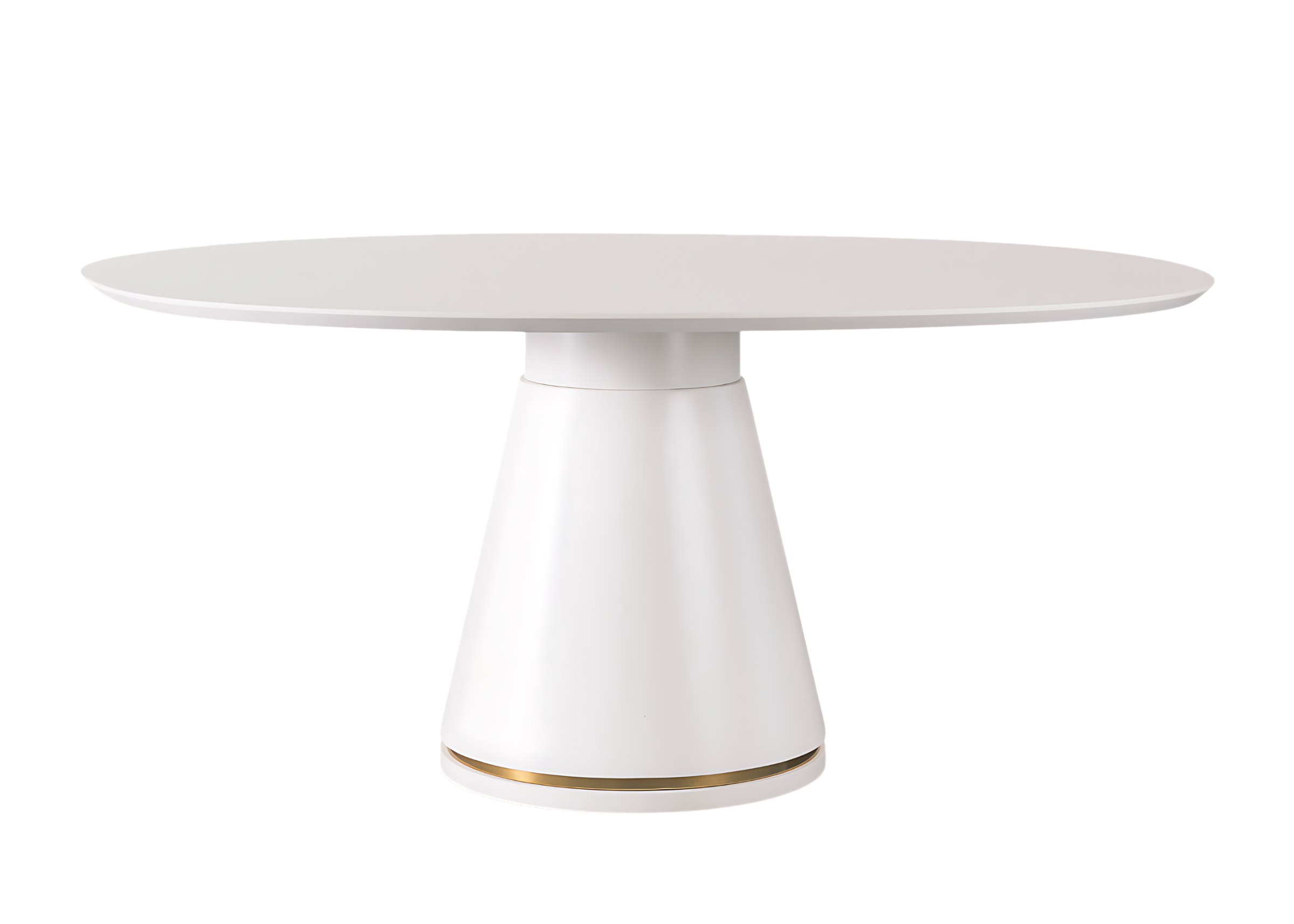 Mesa de jantar com tampo orgânico luxuoso, acabamento laqueado branco e detalhe em dourado, design sofisticado, ideal para compor salas de jantar elegantes.