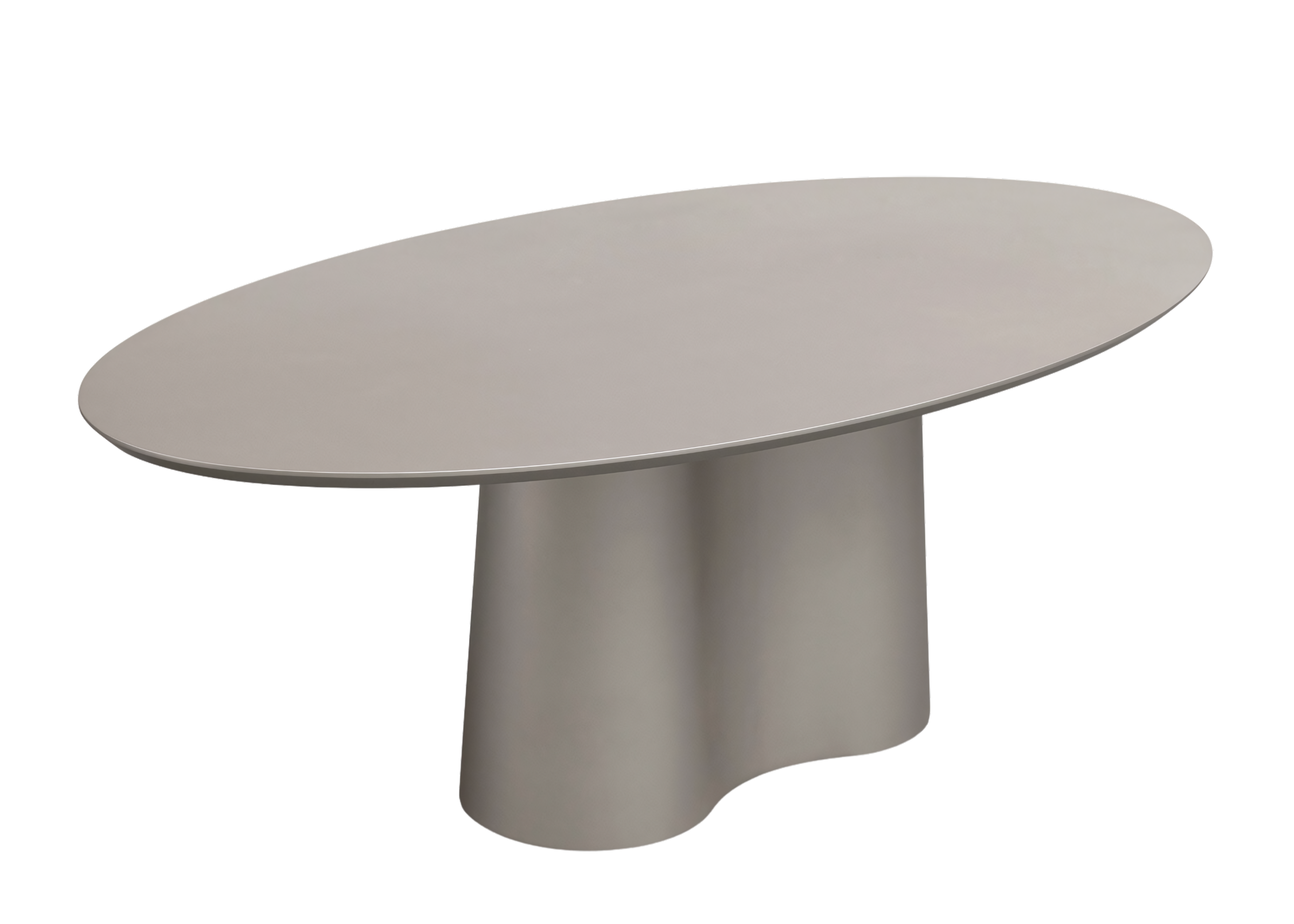 Mesa de jantar oval com base em formato orgânico e acabamento em laca cinza. Design contemporâneo e fluido para salas de jantar sofisticadas.