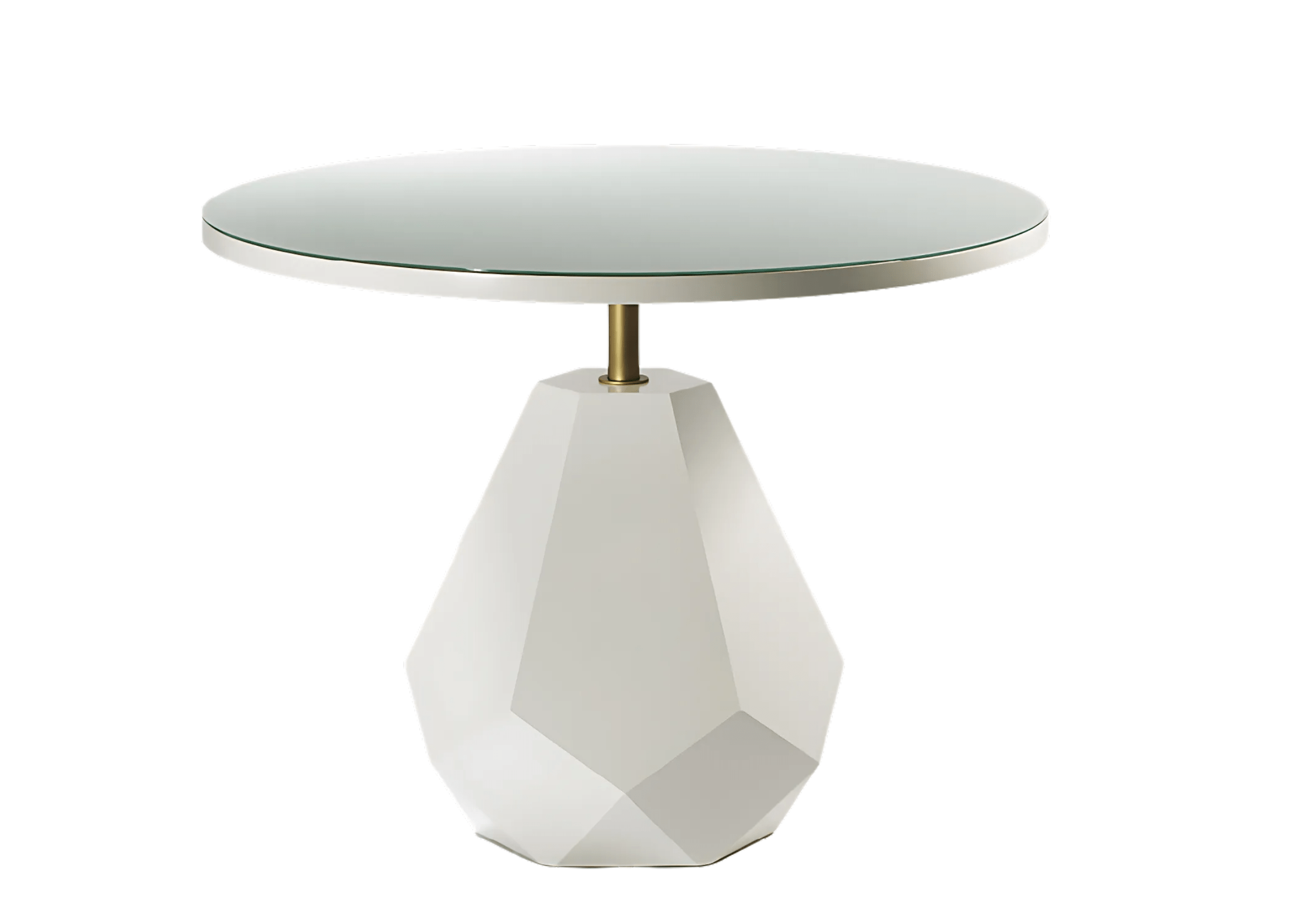 Mesa Lateral Ambar com tampo em vidro e base geométrica em laca branca, detalhe em metal dourado.