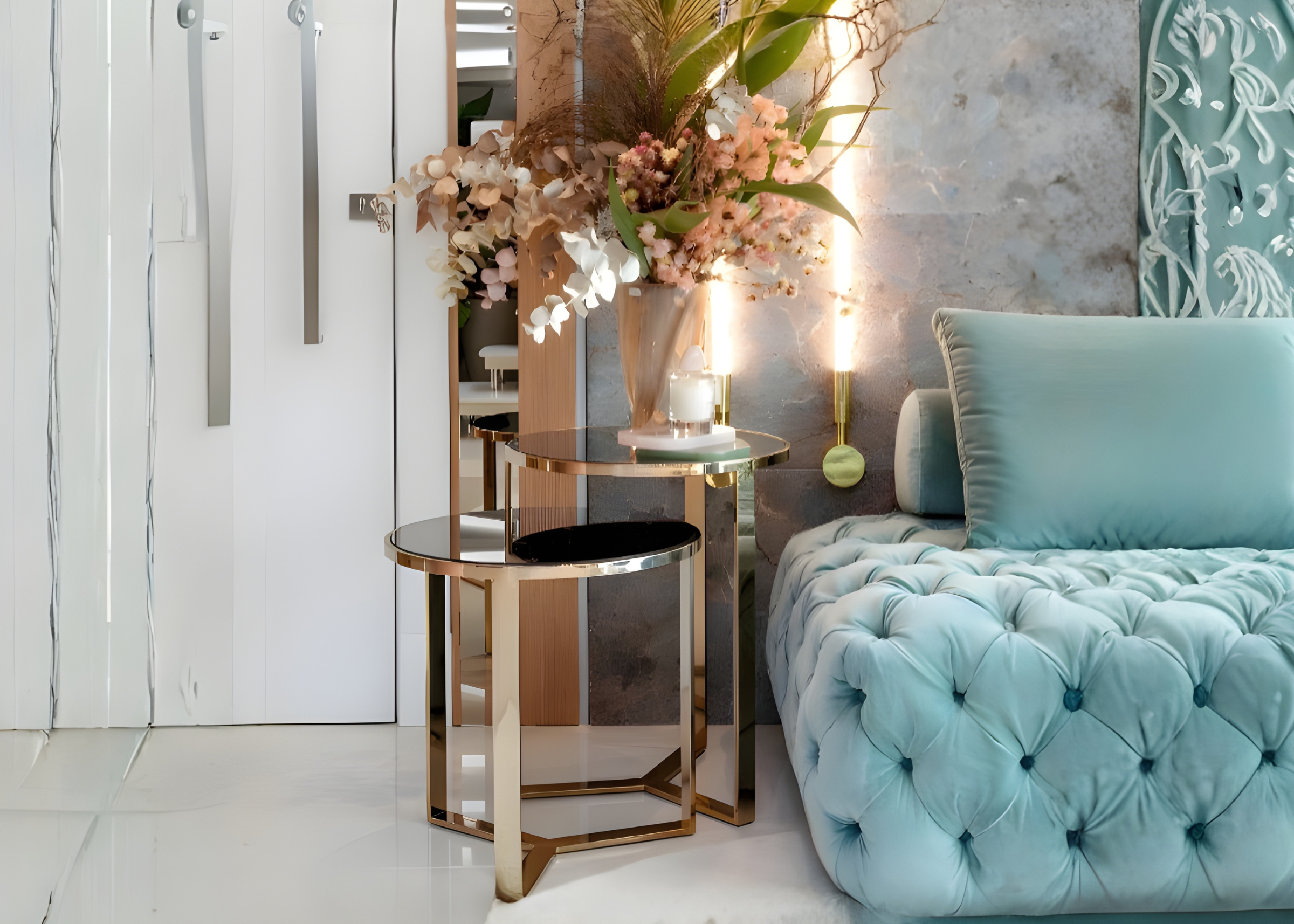 Mesa lateral Channel com design elegante, estrutura em aço golden e acabamento sofisticado, ideal para compor salas luxuosas com requinte.