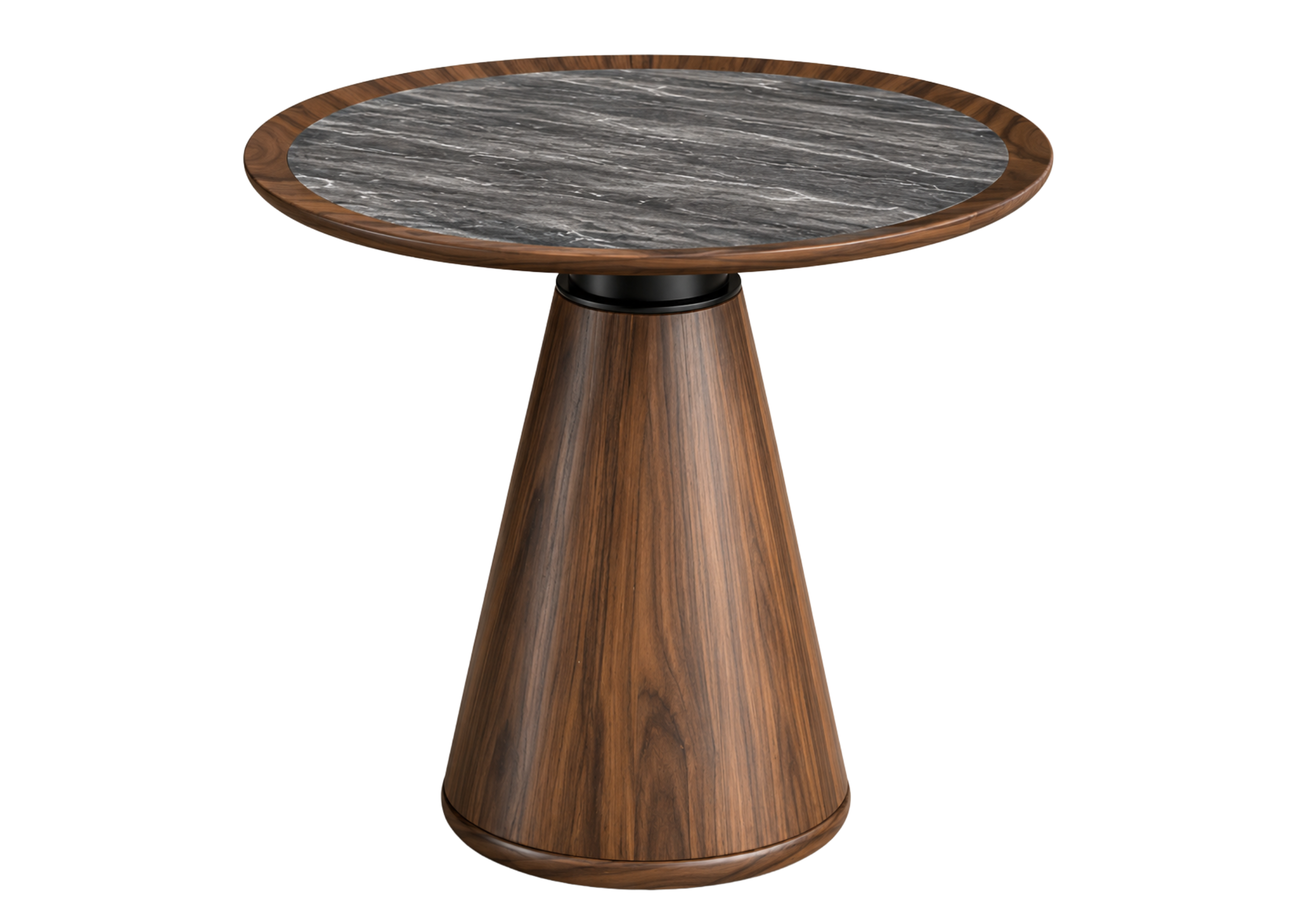 Mesa lateral Coquetelo com acabamento em lâmina de madeira e tampo TS, apresentando design sofisticado e elegante, ideal para compor ambientes modernos e refinados.