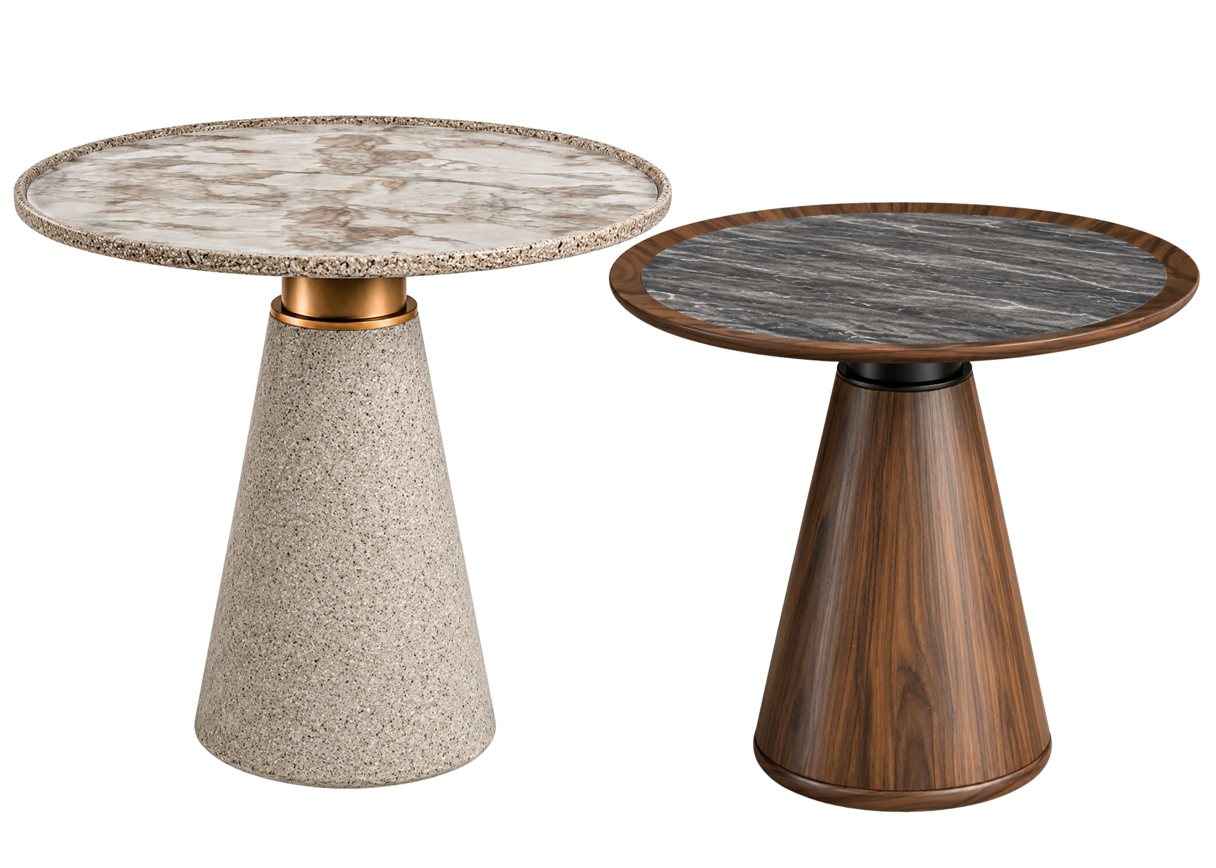 Mesa lateral Coquetelo em conjunto com acabamento em efeito pedra e lâmina de madeira, apresentando design elegante e sofisticado, ideal para compor ambientes modernos e refinados.