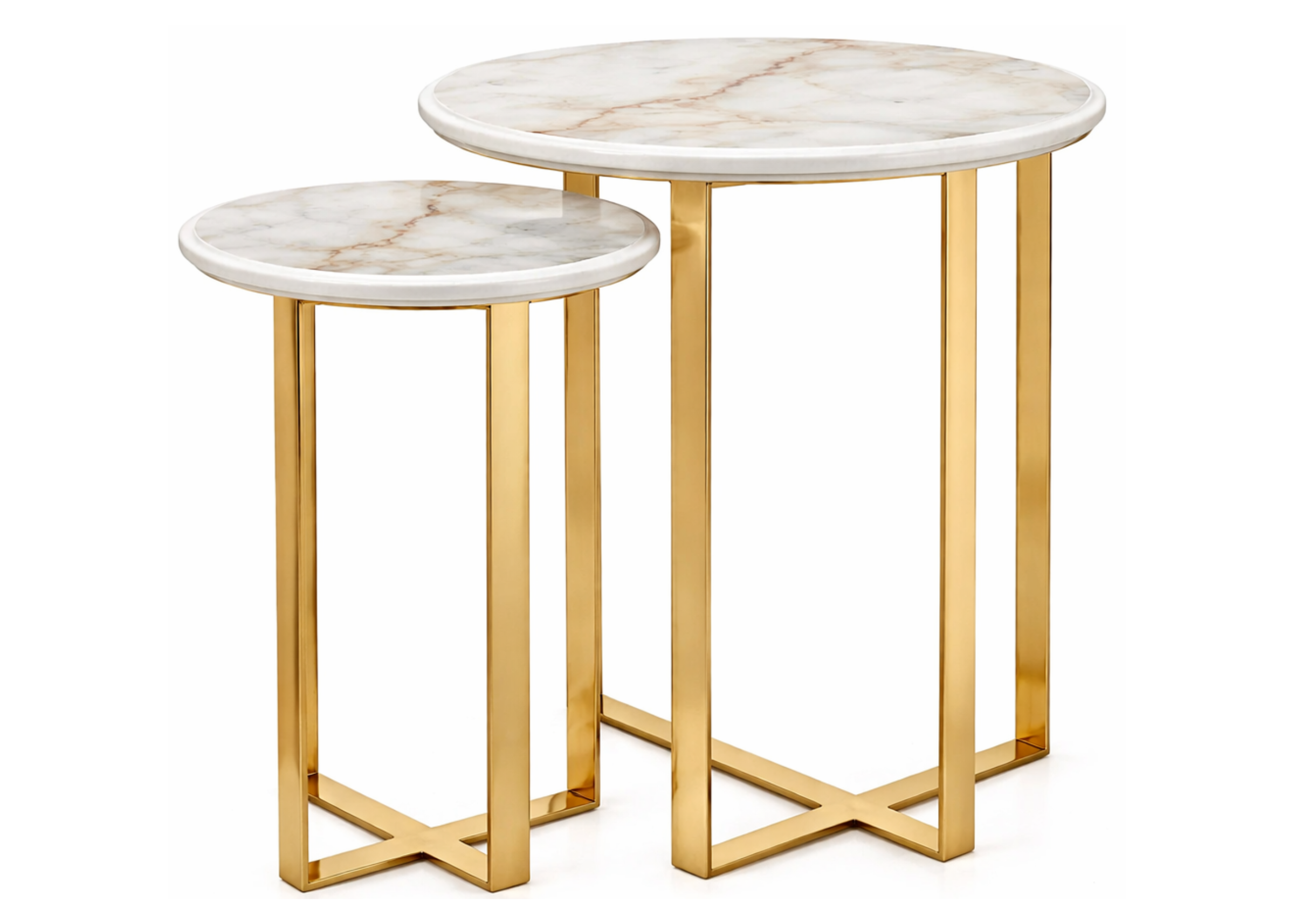 Conjunto de mesas laterais Dreams com estrutura dourada e tampo marmorizado carrara design moderno alto padrão
