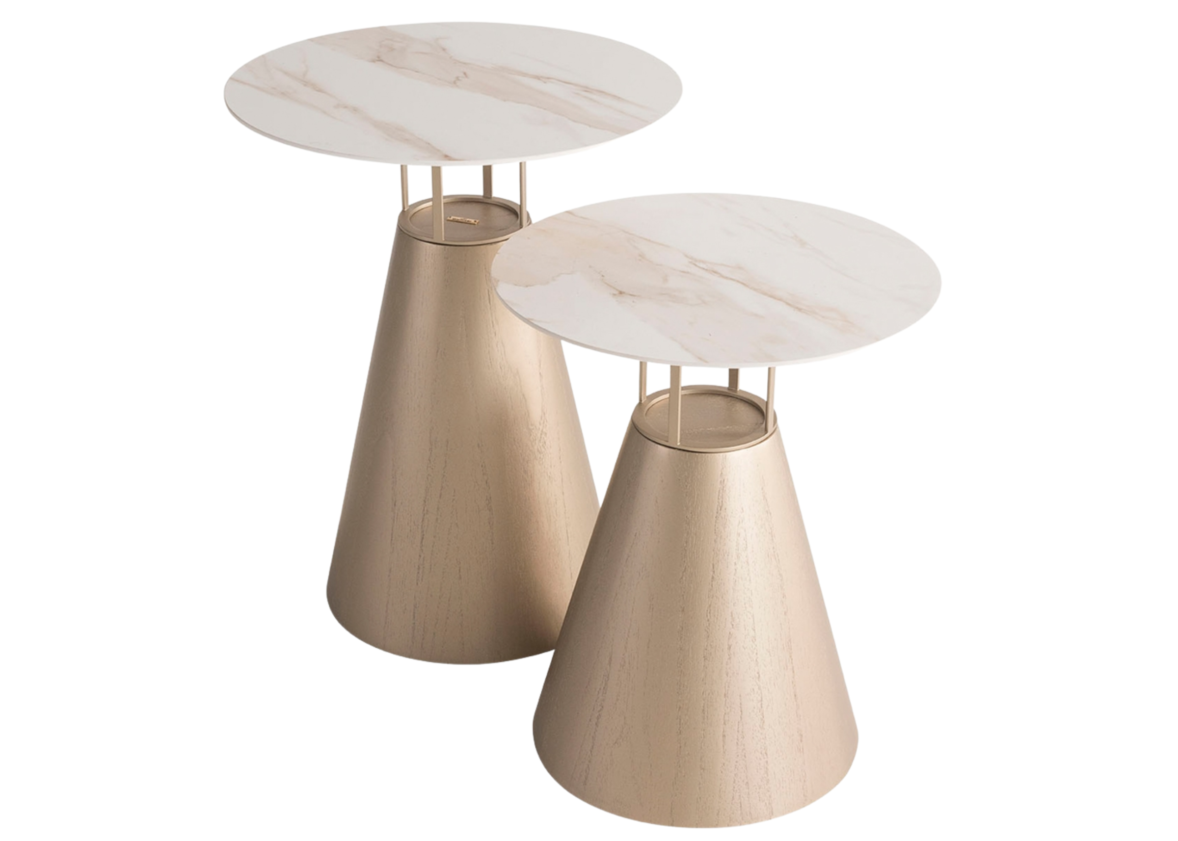 Mesa lateral Lidi com tampo em laminatto e base dourada, apresentando design elegante e sofisticado, ideal para compor ambientes modernos e refinados.