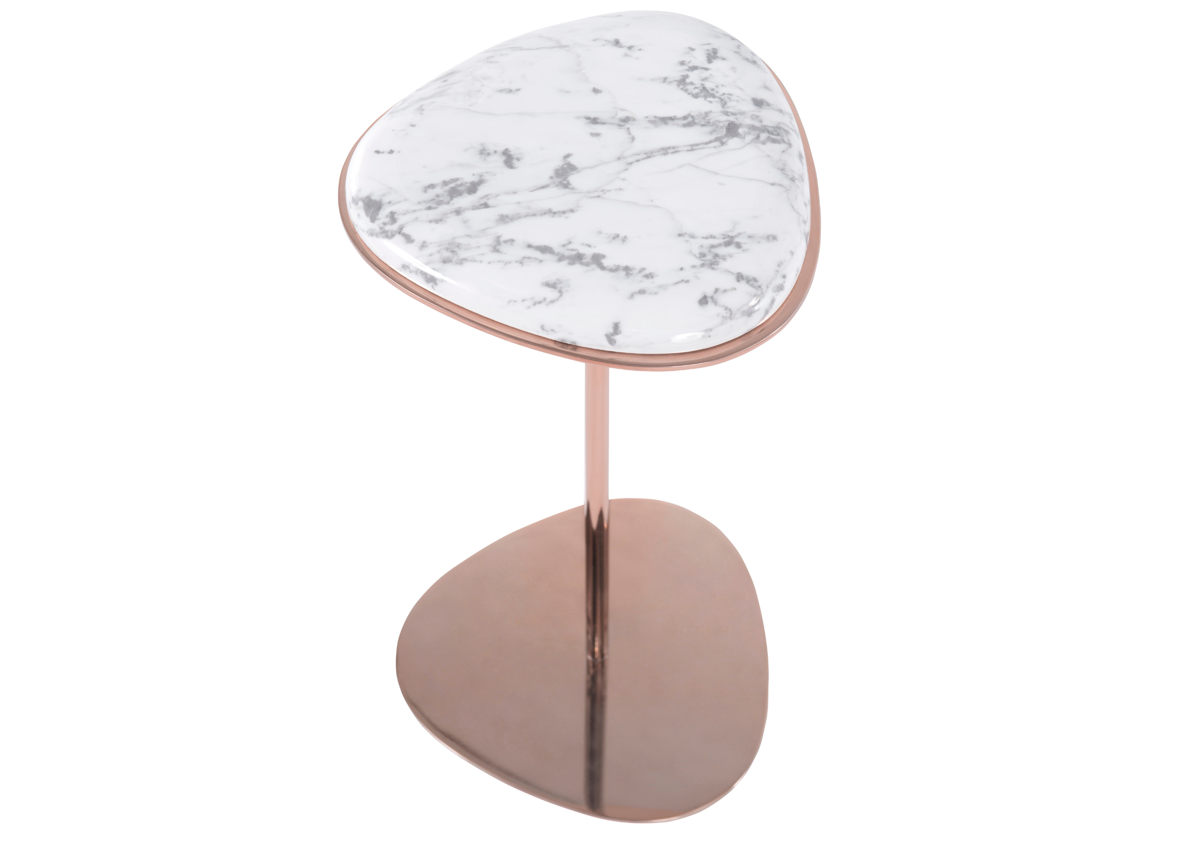 Mesa lateral Lola com tampo em mármore branco Carrara e haste em aço inox, apresentando design elegante e sofisticado, ideal para compor ambientes modernos e refinados.
