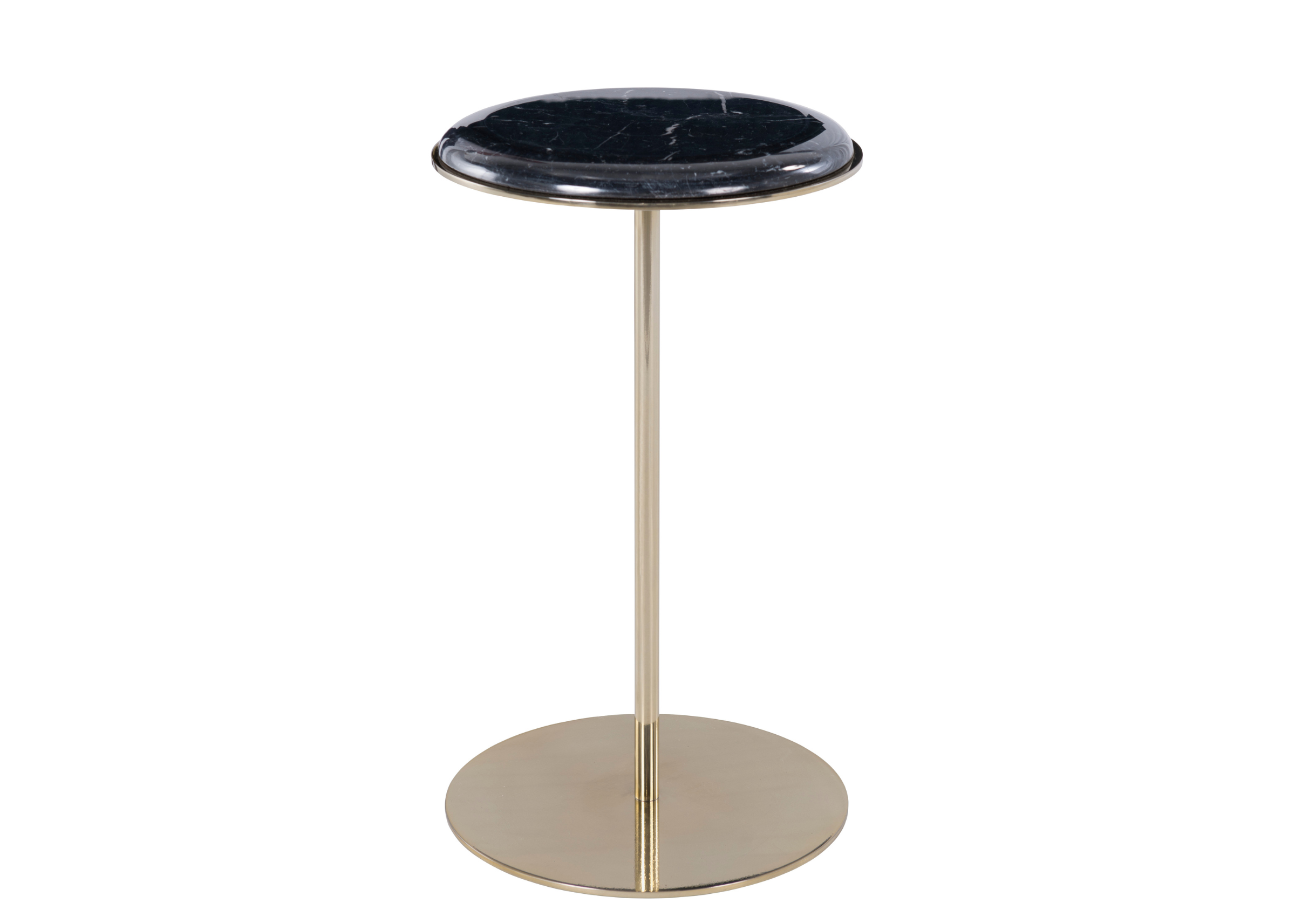 Mesa lateral Lola com tampo redondo em mármore Nero Marquina, apresentando design sofisticado e elegante, ideal para compor ambientes modernos e refinados.