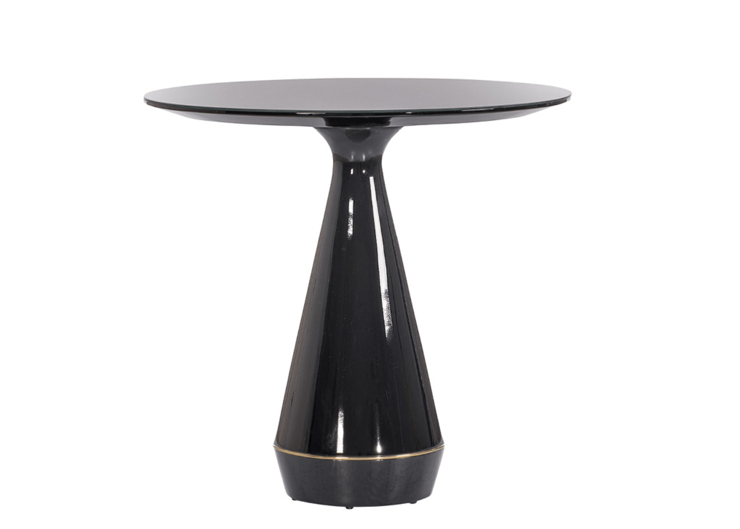 Mesa Lateral Luci com tampo em laca preta e vidro aplicado, base cônica elegante com detalhe em inox.