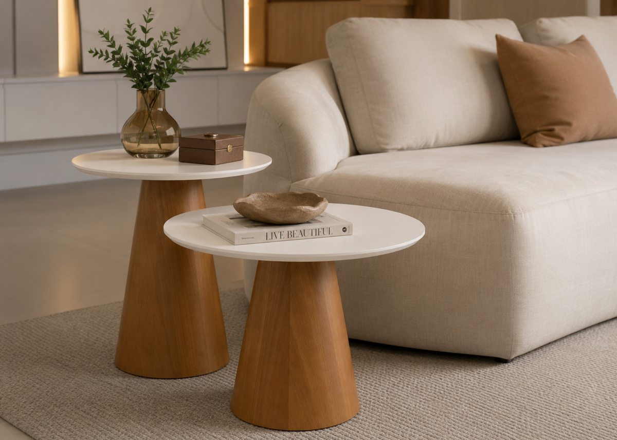 Mesa lateral Lusso em ambiente moderno e elegante, apresentando acabamento sofisticado e design contemporâneo, ideal para compor espaços refinados.