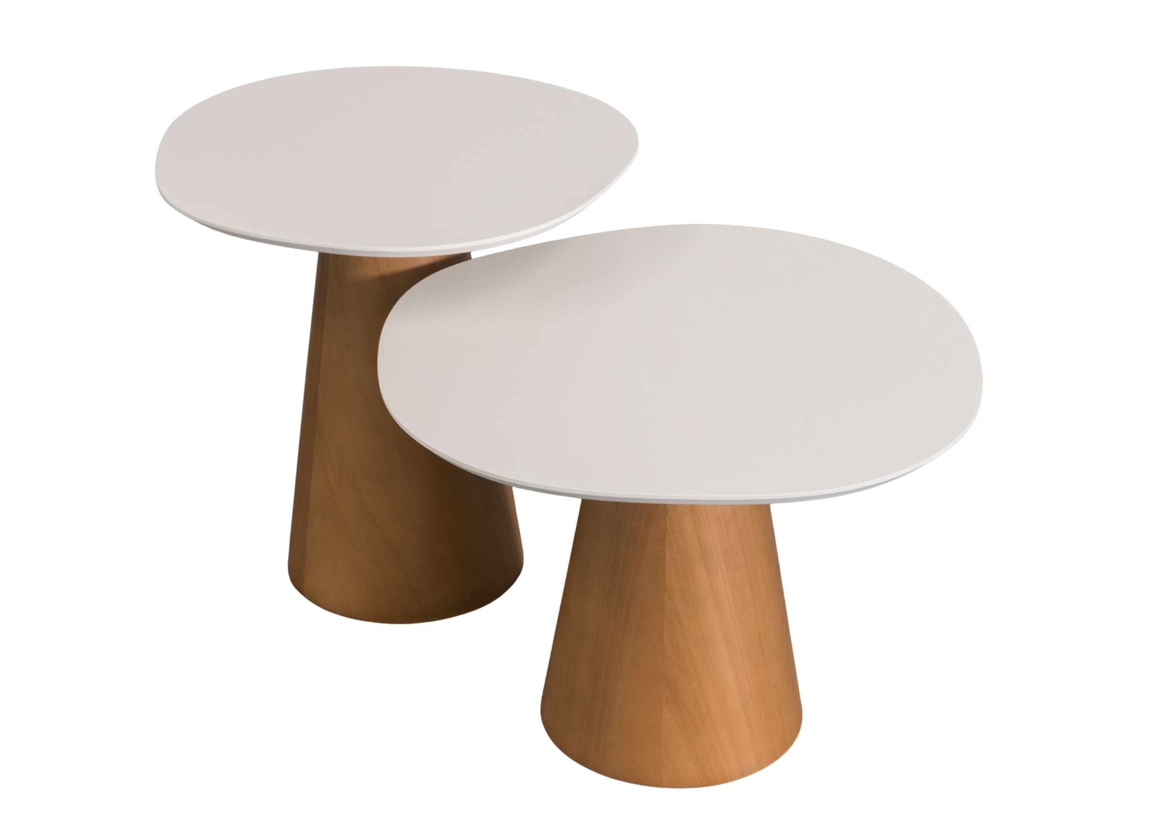 Mesa lateral Lusso com tampo orgânico e base laminada, apresentando design elegante e sofisticado, ideal para compor ambientes modernos e refinados.