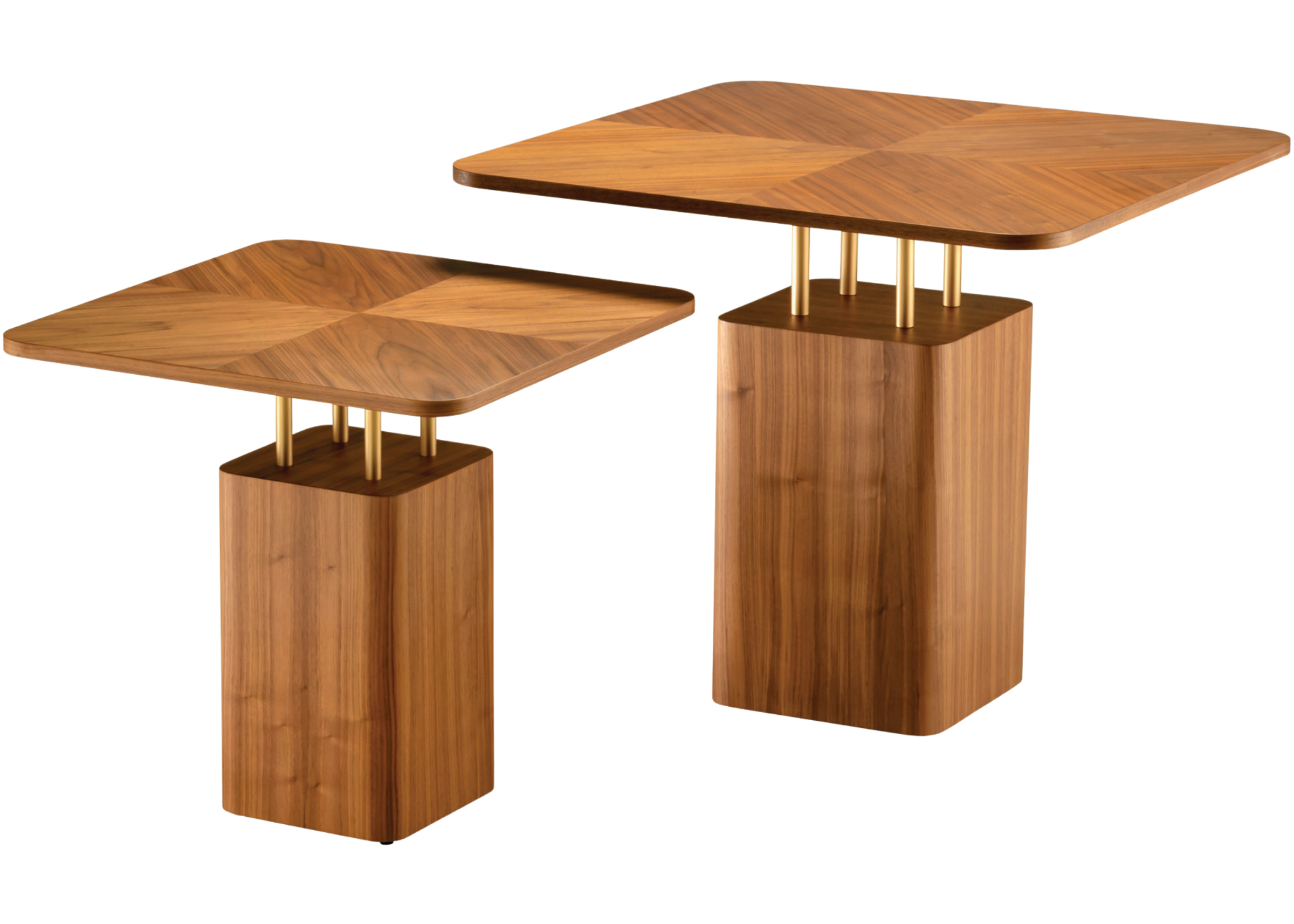 Mesa lateral modelo Quadra, com tampo quadrado em madeira e detalhe em marchetaria. Design sofisticado e contemporâneo, ideal para salas de estar elegantes, apresentada sobre fundo neutro.
