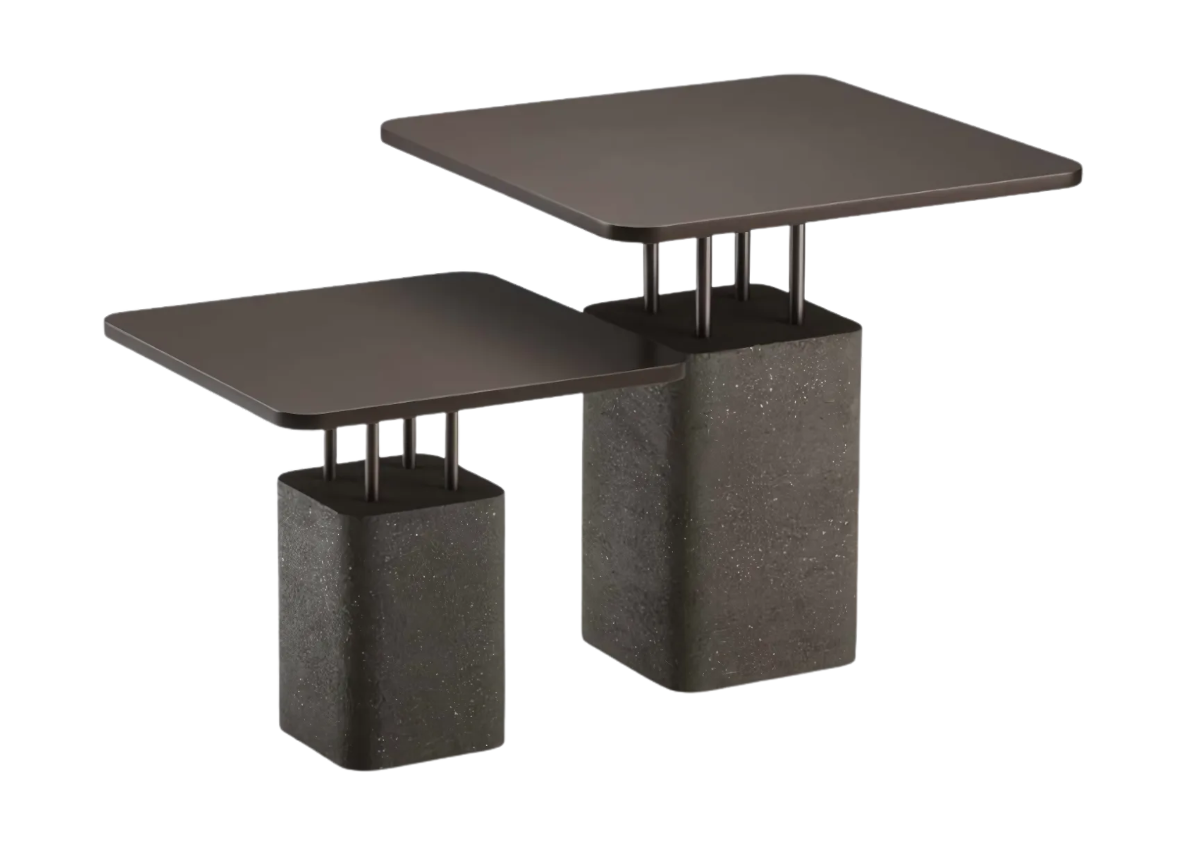 Mesa lateral modelo Quadra com tampo quadrado laqueado e acabamento em Sabi cinza escuro. Design elegante e contemporâneo, ideal para composições sofisticadas, apresentada sobre fundo neutro.
