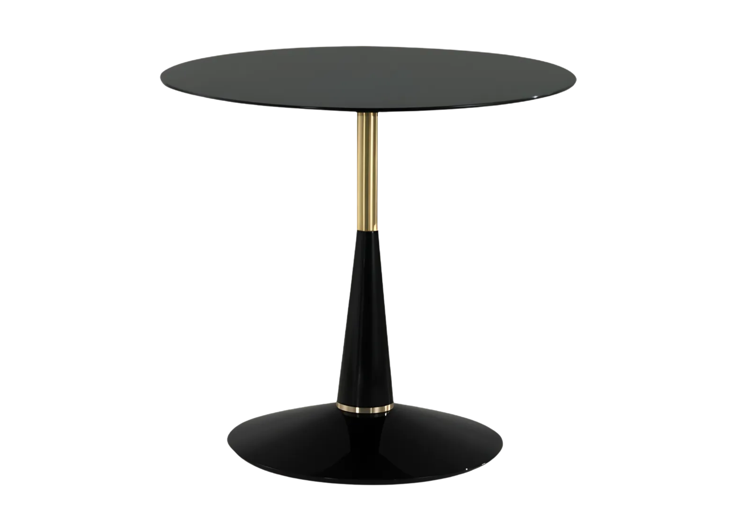 Mesa lateral modelo Tonda com tampo redondo em laca preta e haste em acabamento metalizado dourado. Design moderno e elegante, ideal para composições sofisticadas, apresentada sobre fundo neutro.