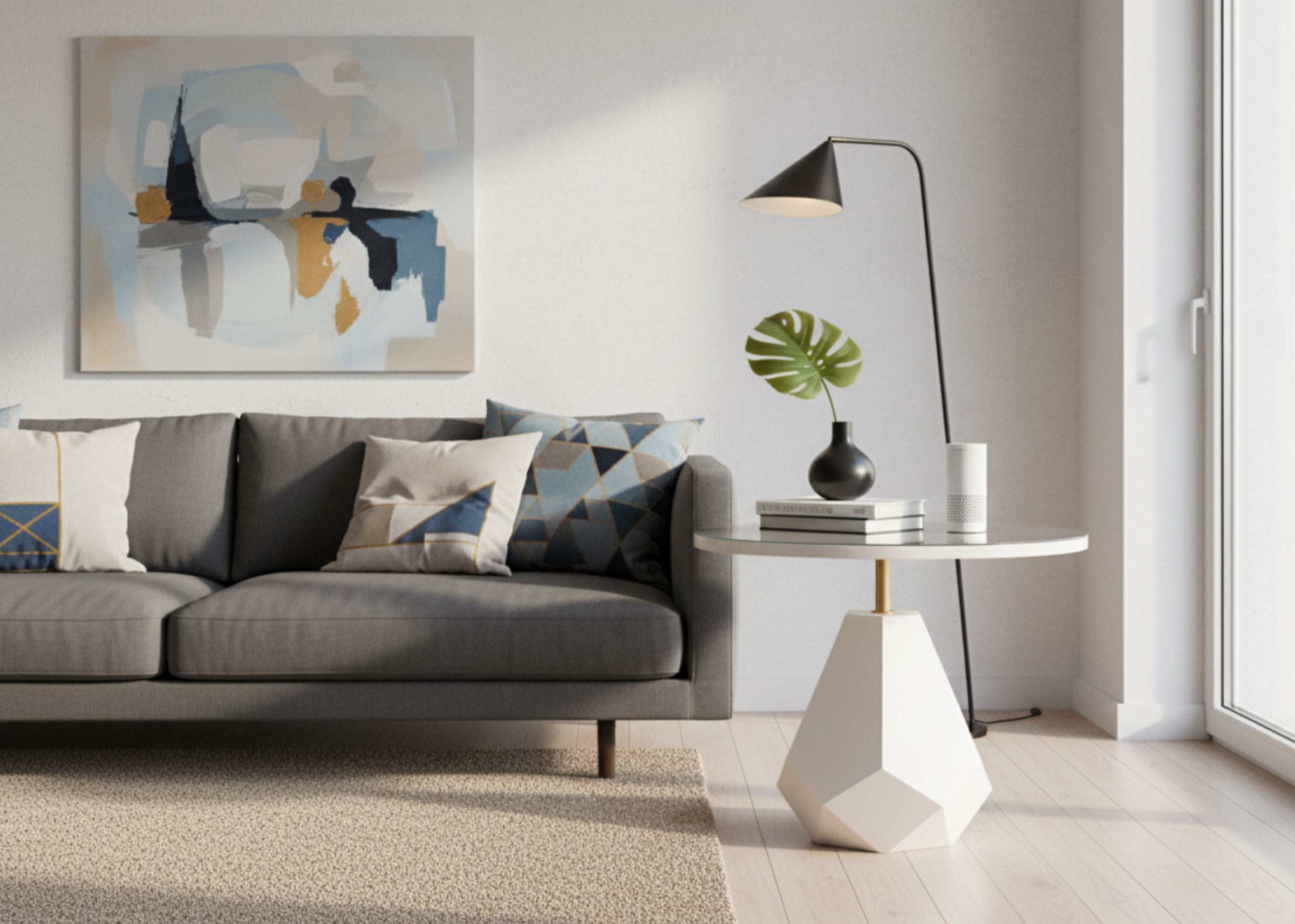 Mesa lateral redonda modelo Âmbar, design moderno e sofisticado, ideal para complementar a decoração de salas de estar elegantes.