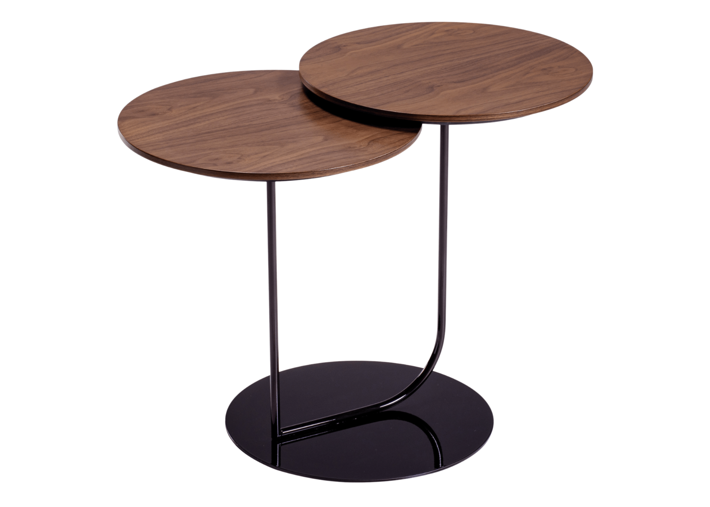 Mesa lateral com tampo em carvalho e base metalizada, design elegante e sofisticado, ideal para complementar ambientes modernos e contemporâneos.