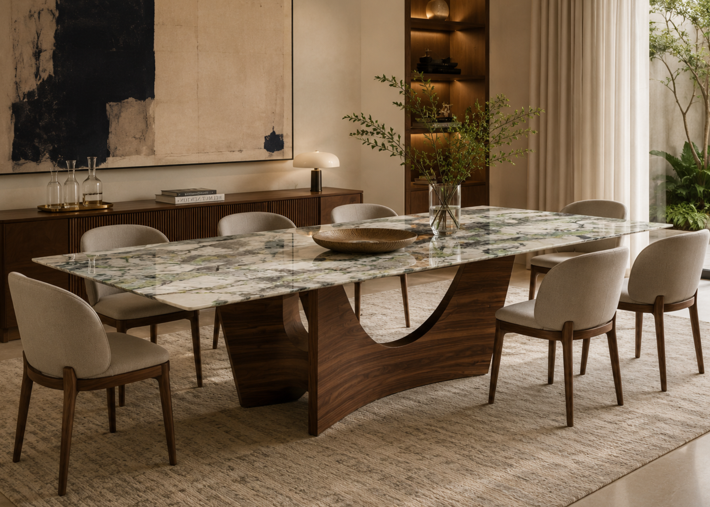 Mesa de Jantar Luna em pedra sinterizada com design escultural e acabamento sofisticado para salas elegantes