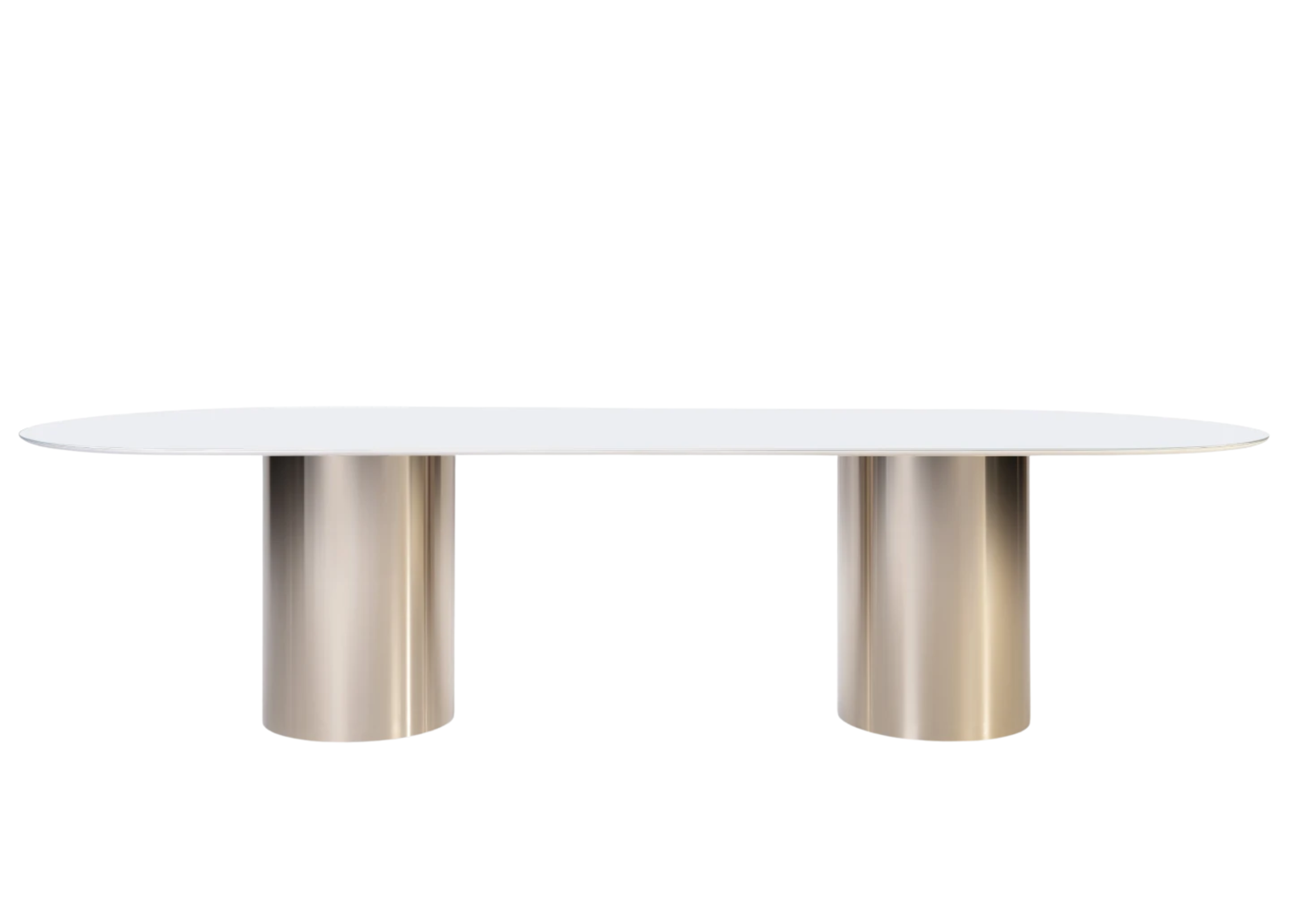 Mesa Eleganza para sala de jantar com base em aço inox que transmite elegância e sofisticação.