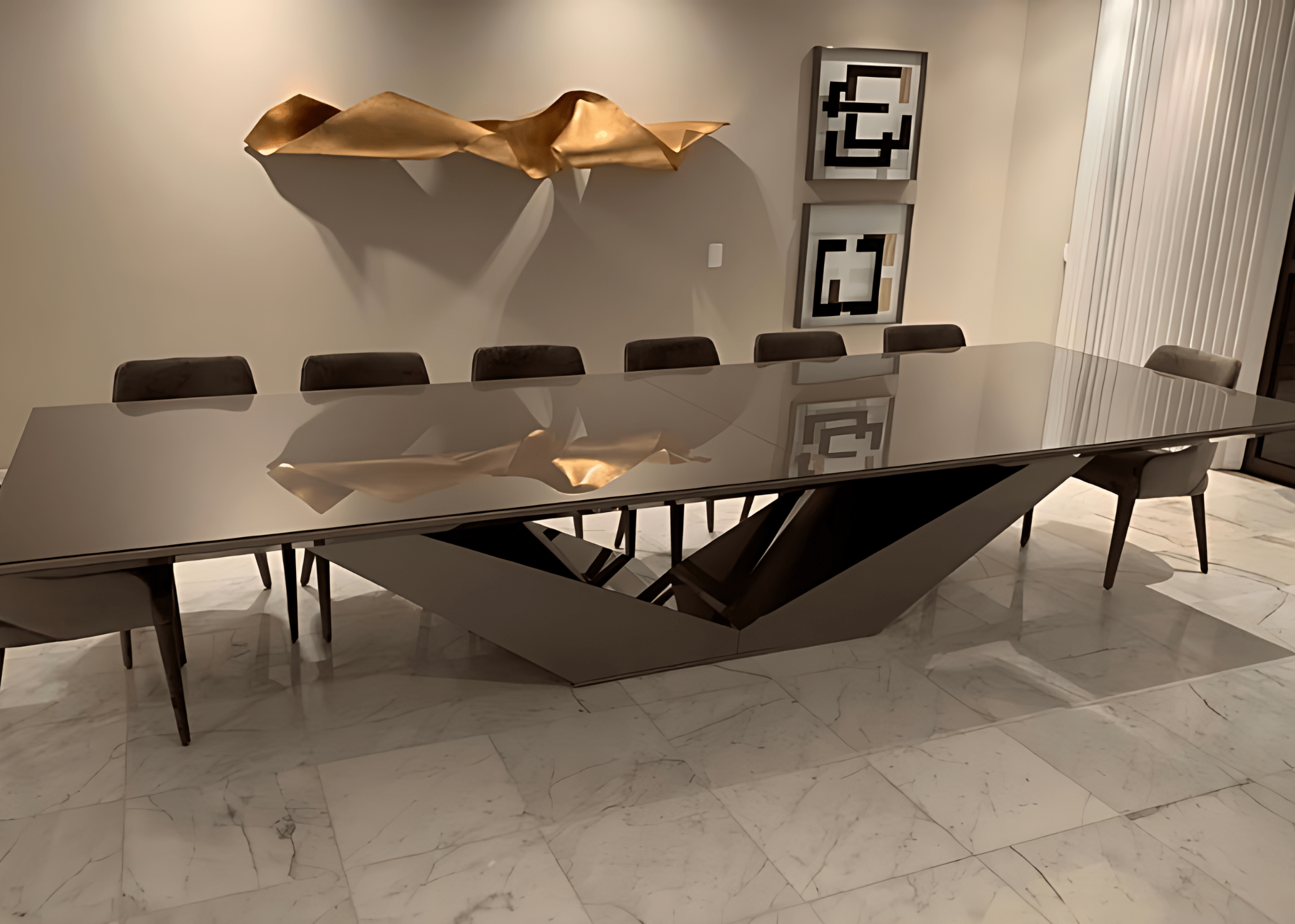 Mesa de jantar Opulence espelhada com design elegante que valoriza a sofisticação do ambiente.