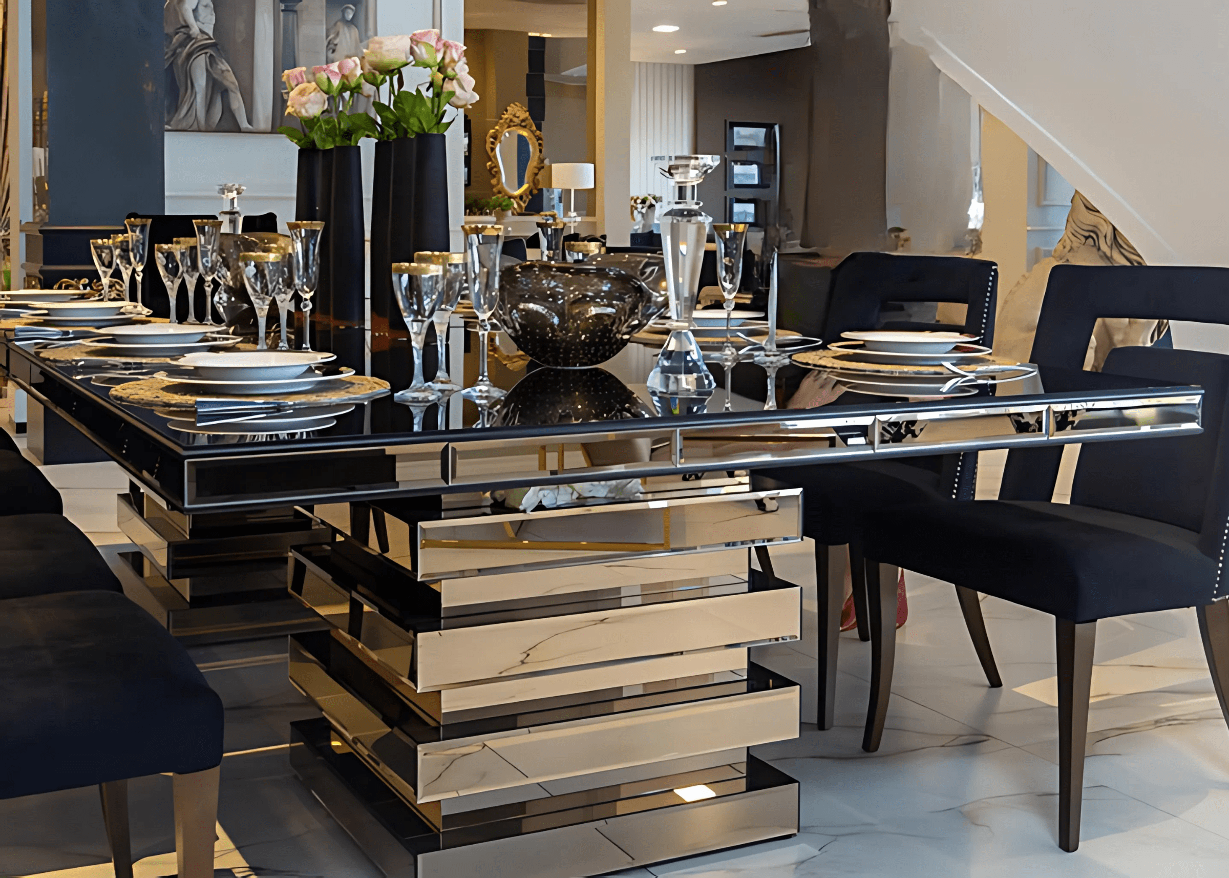 Mesa de jantar Versailles espelhada com design elegante e luxuoso que valoriza a sofisticação do ambiente.