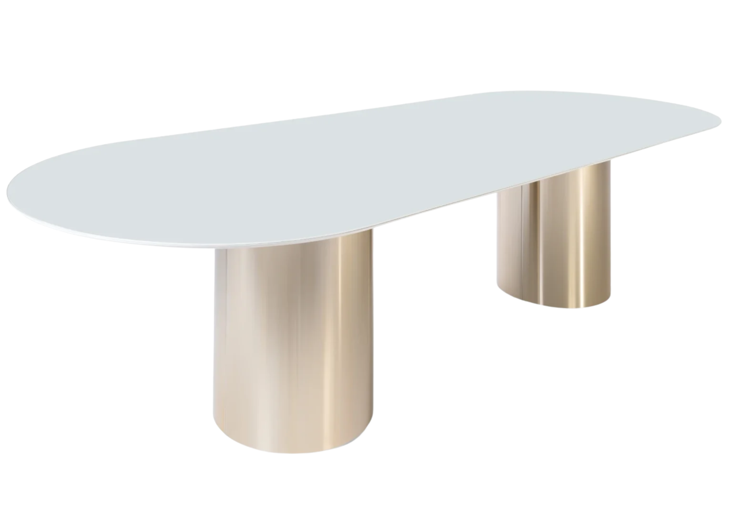 Mesa Eleganza para sala de jantar com tampo em vidro branco, unindo elegância e modernidade.