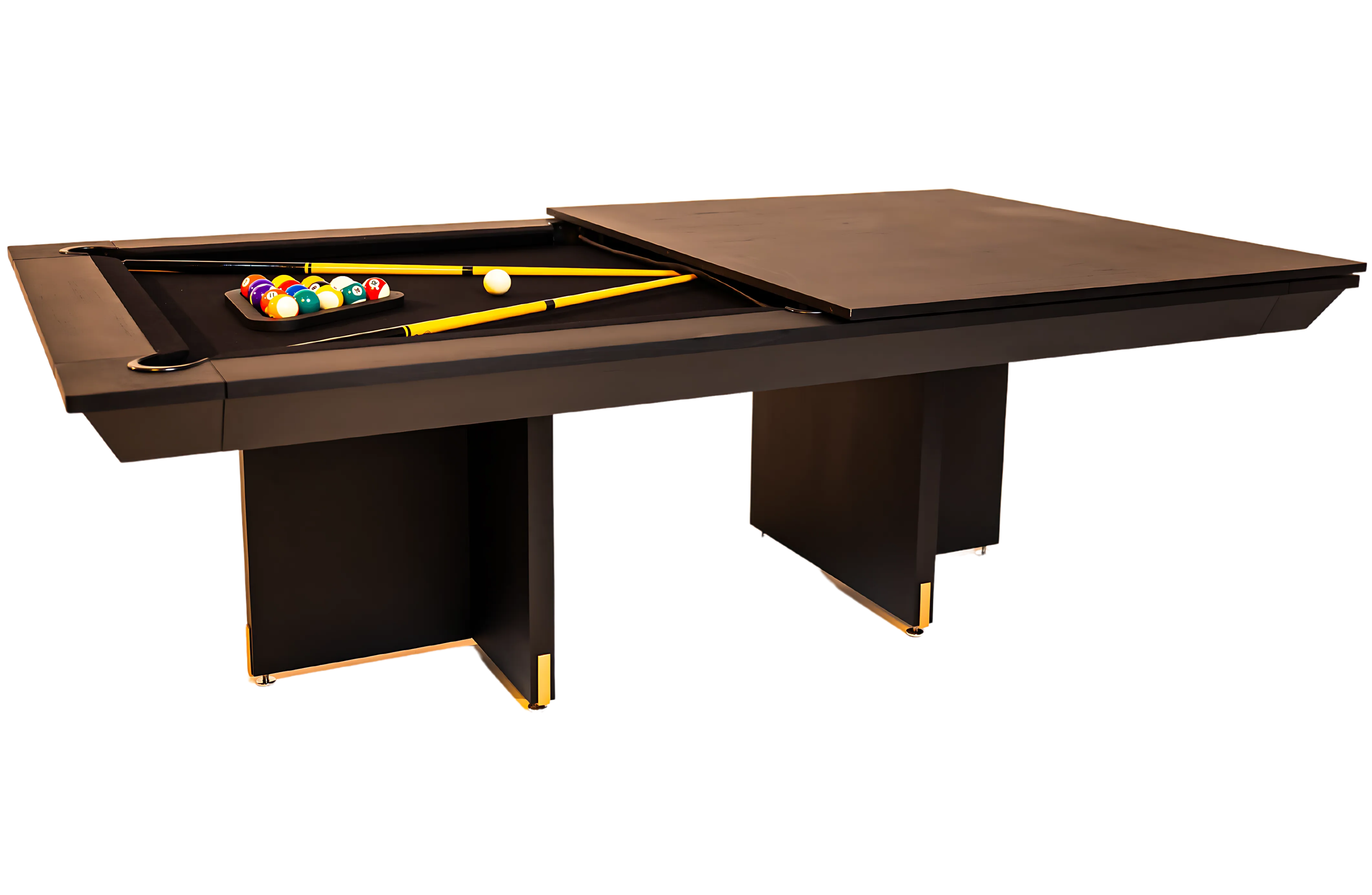 Mesa de sinuca com acabamento em lâmina de madeira nogueira. Design refinado e estrutura robusta, ideal para áreas de lazer sofisticadas.