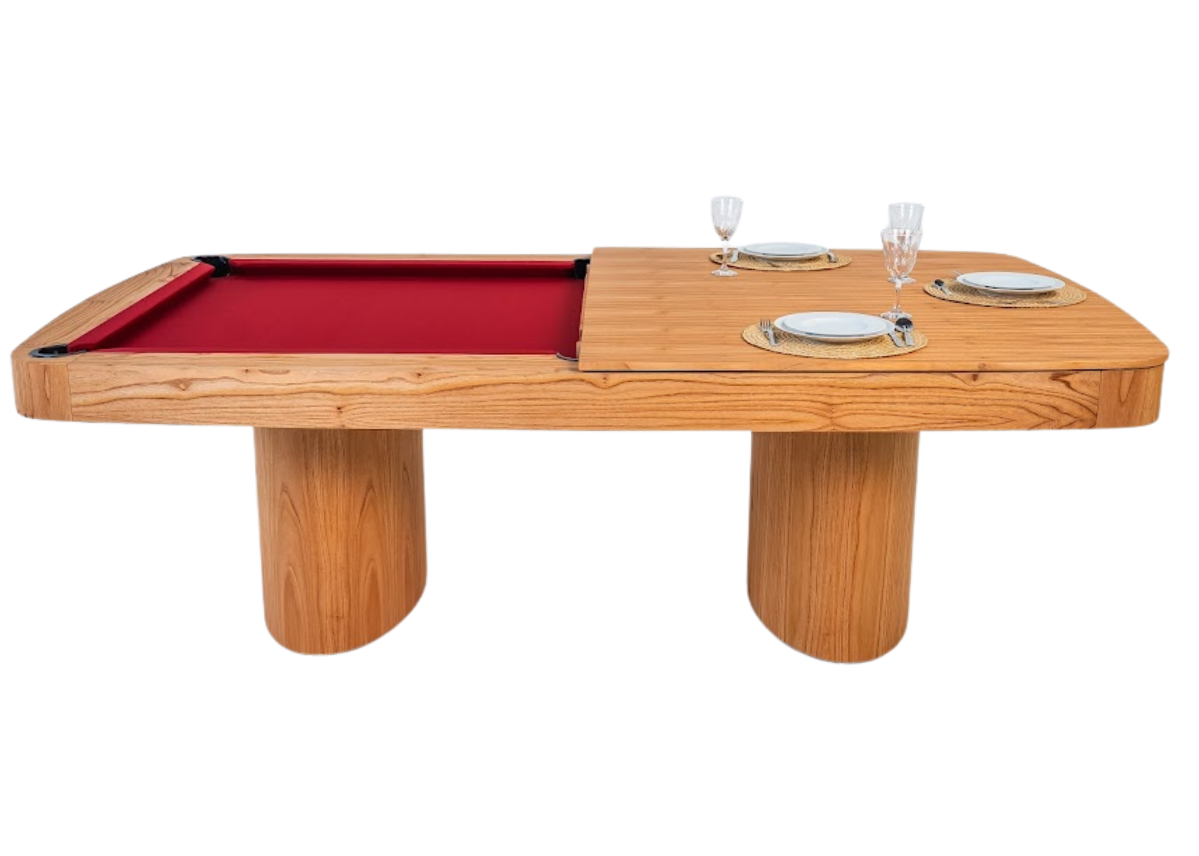 Mesa de sinuca jantar modelo Dual com tecido acrílico vermelho Ferrari e estrutura em madeira laminada natural, apresentando design sofisticado e funcional para ambientes modernos.