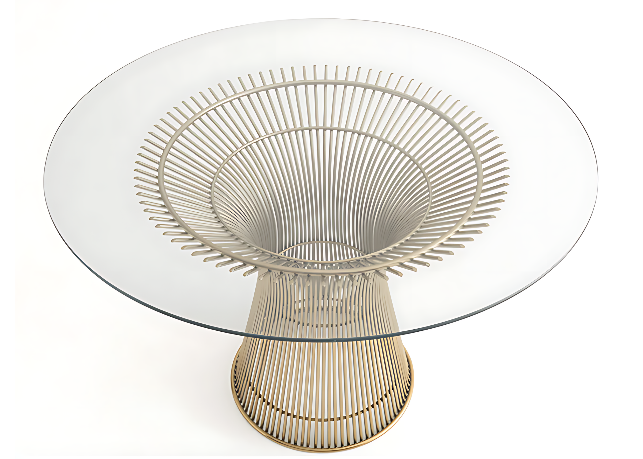 Mesa de Jantar Platner com tampo em vidro 8 mm e base em aço inox, representando o design moderno.