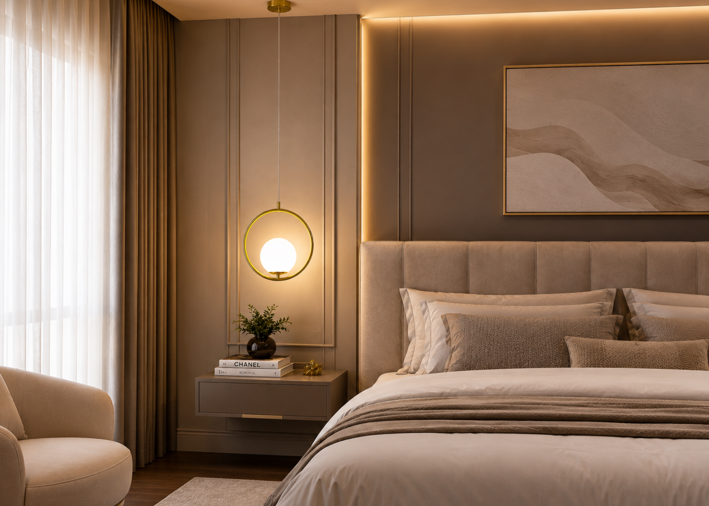 Pendente 5033 com design contemporâneo, vidro leitoso e acabamento dourado acobreado, ideal para compor ambientes modernos com elegância e requinte.