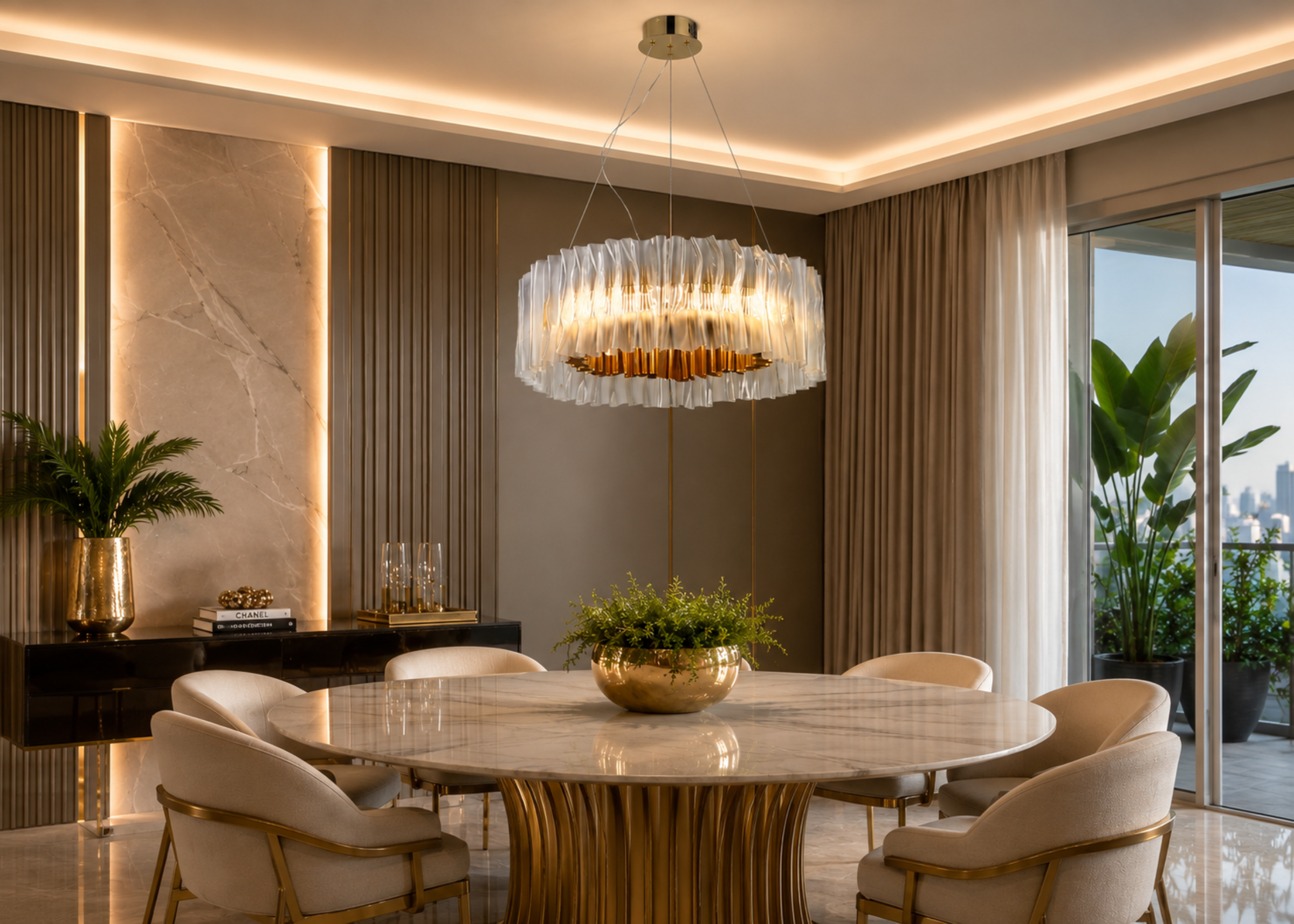 Pendente modelo 5122 com estrutura em metal dourado e acrílico, ideal para compor ambientes contemporâneos e refinados.