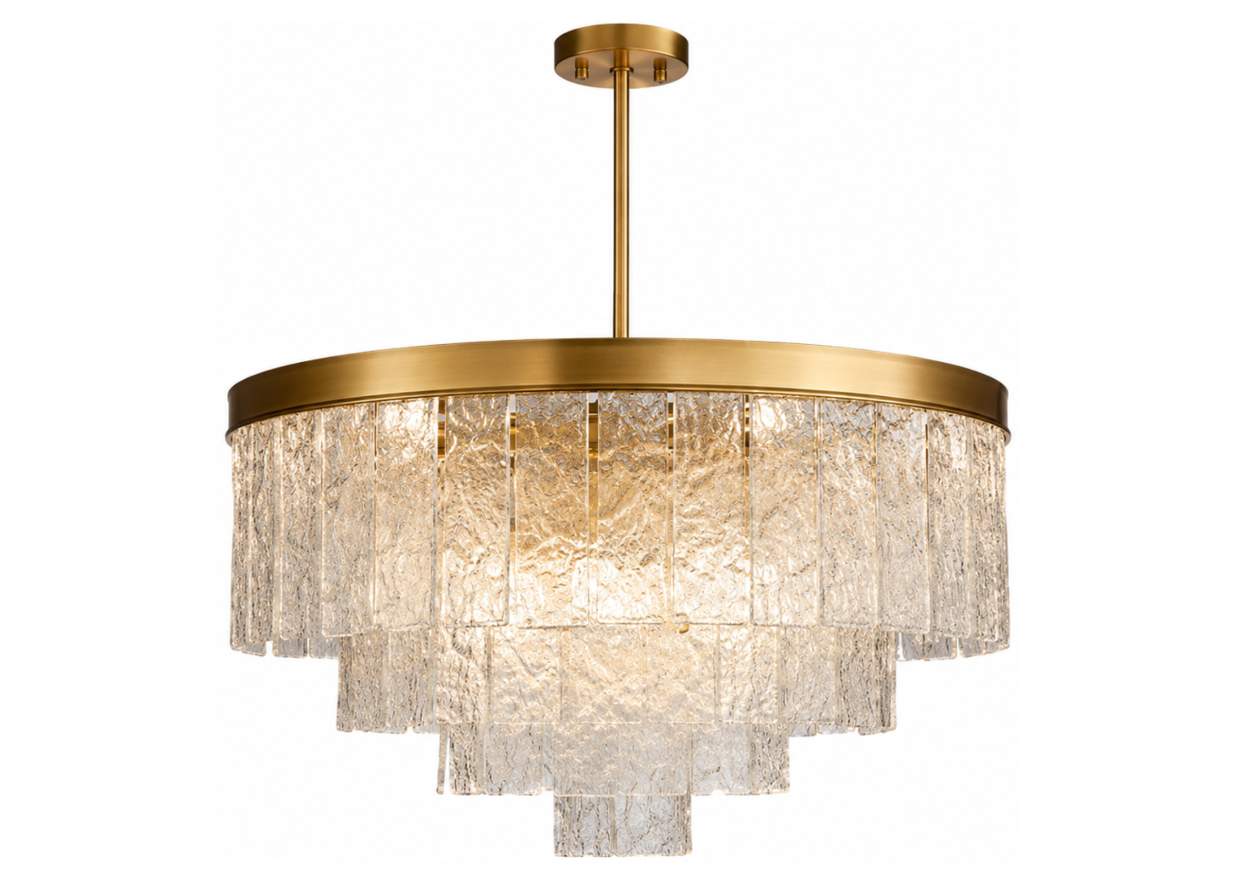 Pendente 5125 com estrutura em metal dourado e difusores em vidro, apresentando design elegante e sofisticado para ambientes modernos.