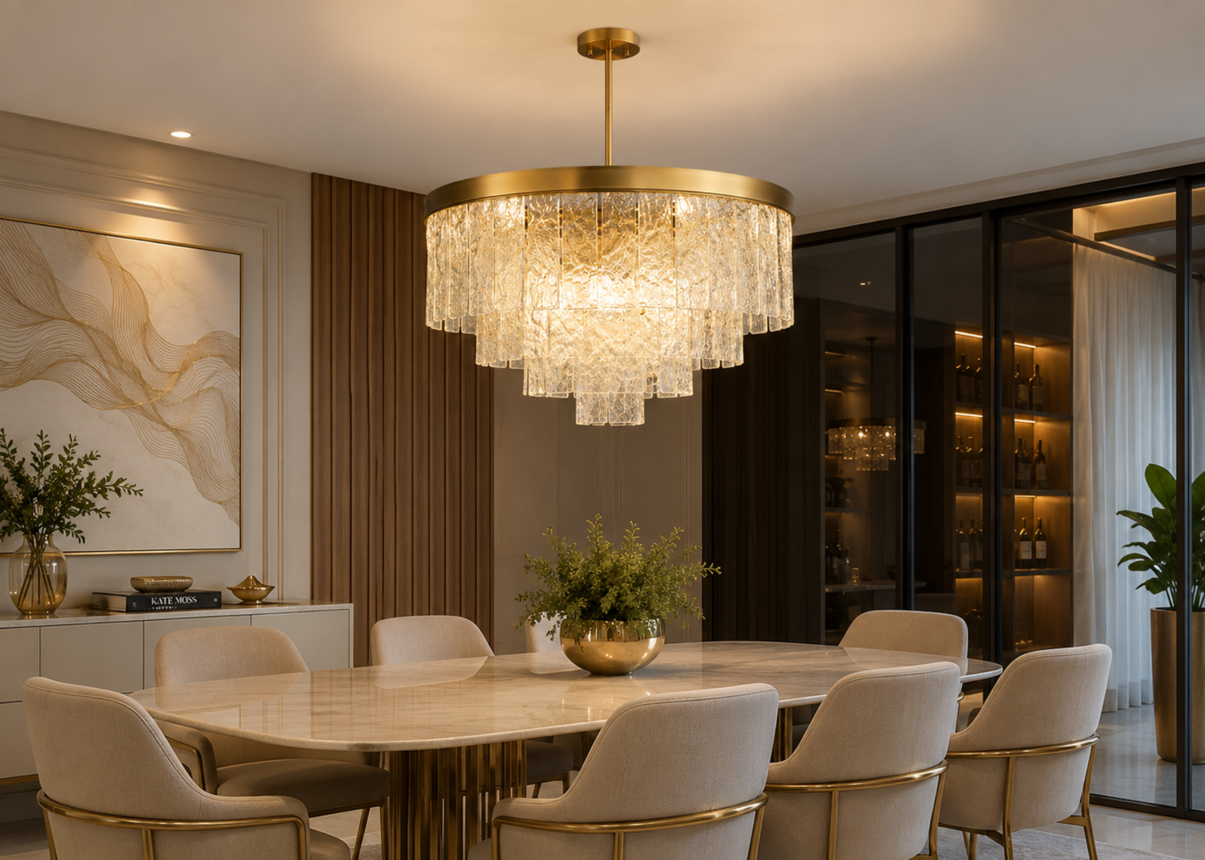 Pendente 5125 com design moderno, estrutura em metal dourado e difusores em vidro, proporcionando iluminação elegante para diversos ambientes.