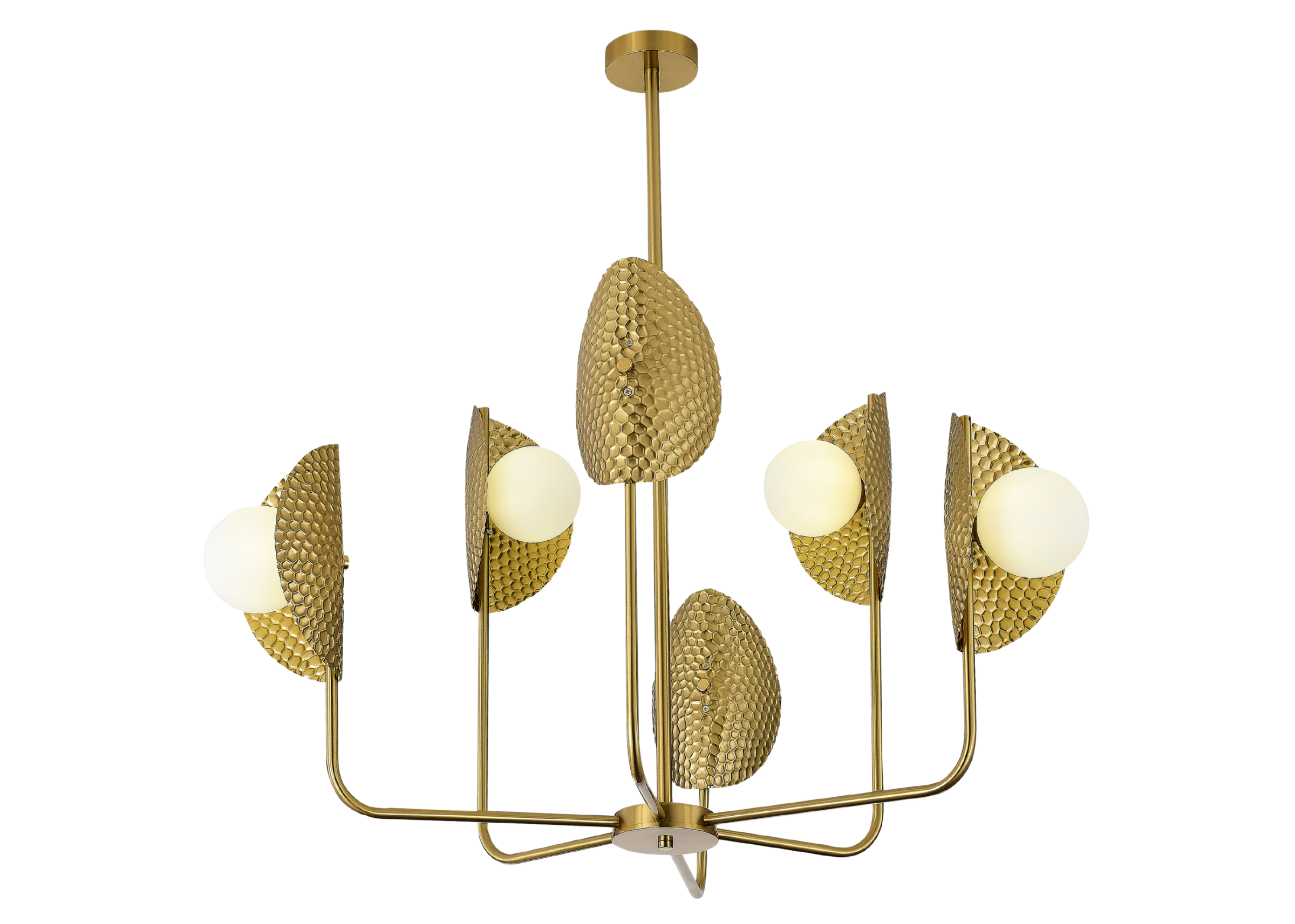 Pendente 5140 com estrutura em metal dourado e difusores em vidro, apresentando design elegante e sofisticado para ambientes modernos.
