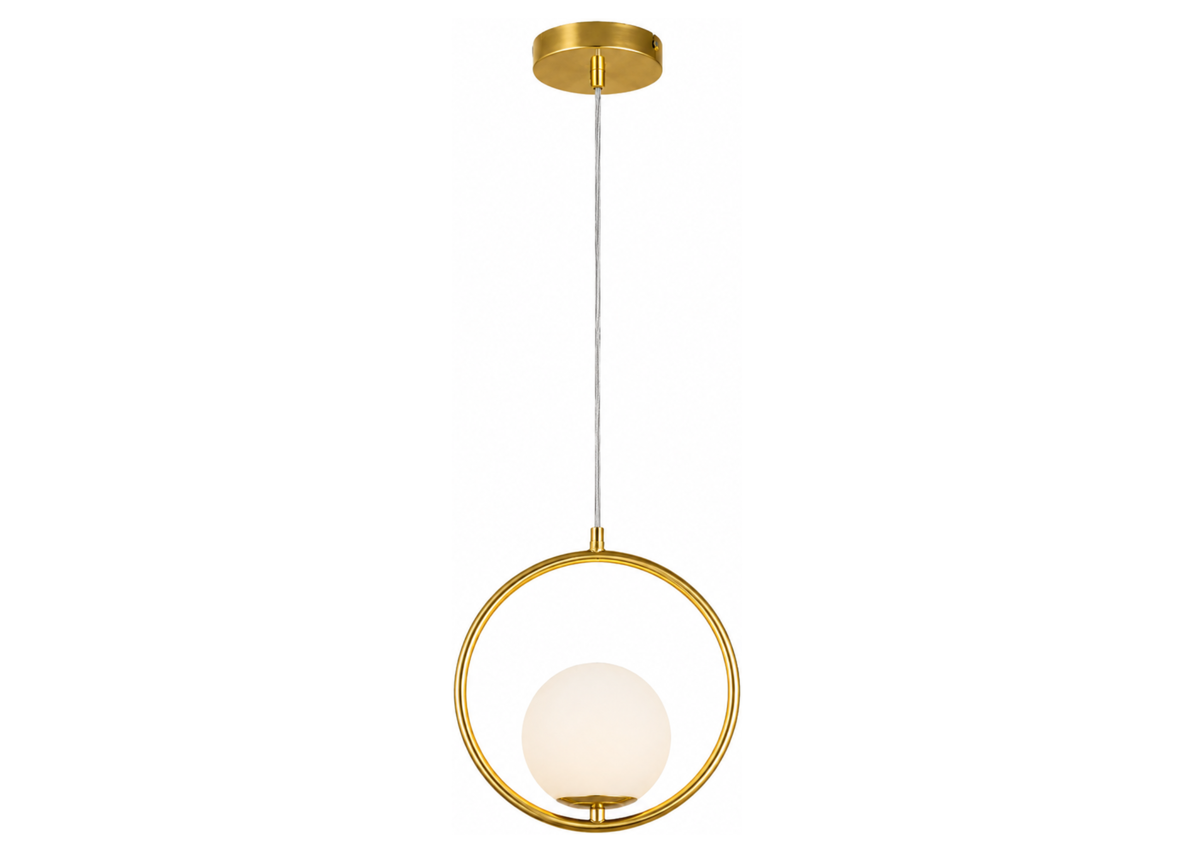 Pendente 5033 com estrutura em metal dourado acobreado e globo em vidro leitoso, apresentando design elegante e sofisticado para ambientes modernos.