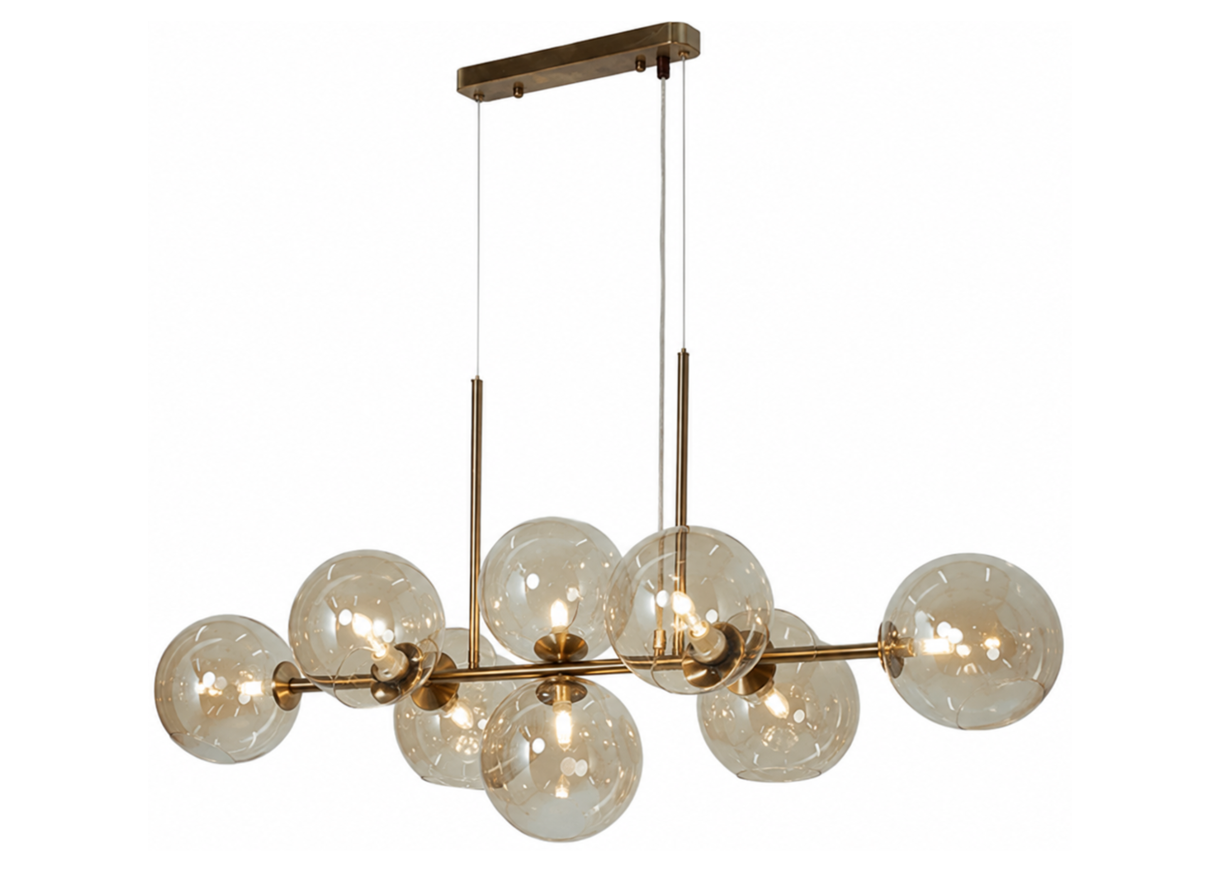 Pendente 5035 com estrutura em metal ouro velho e globos em vidro âmbar, apresentando design elegante e sofisticado para ambientes modernos.