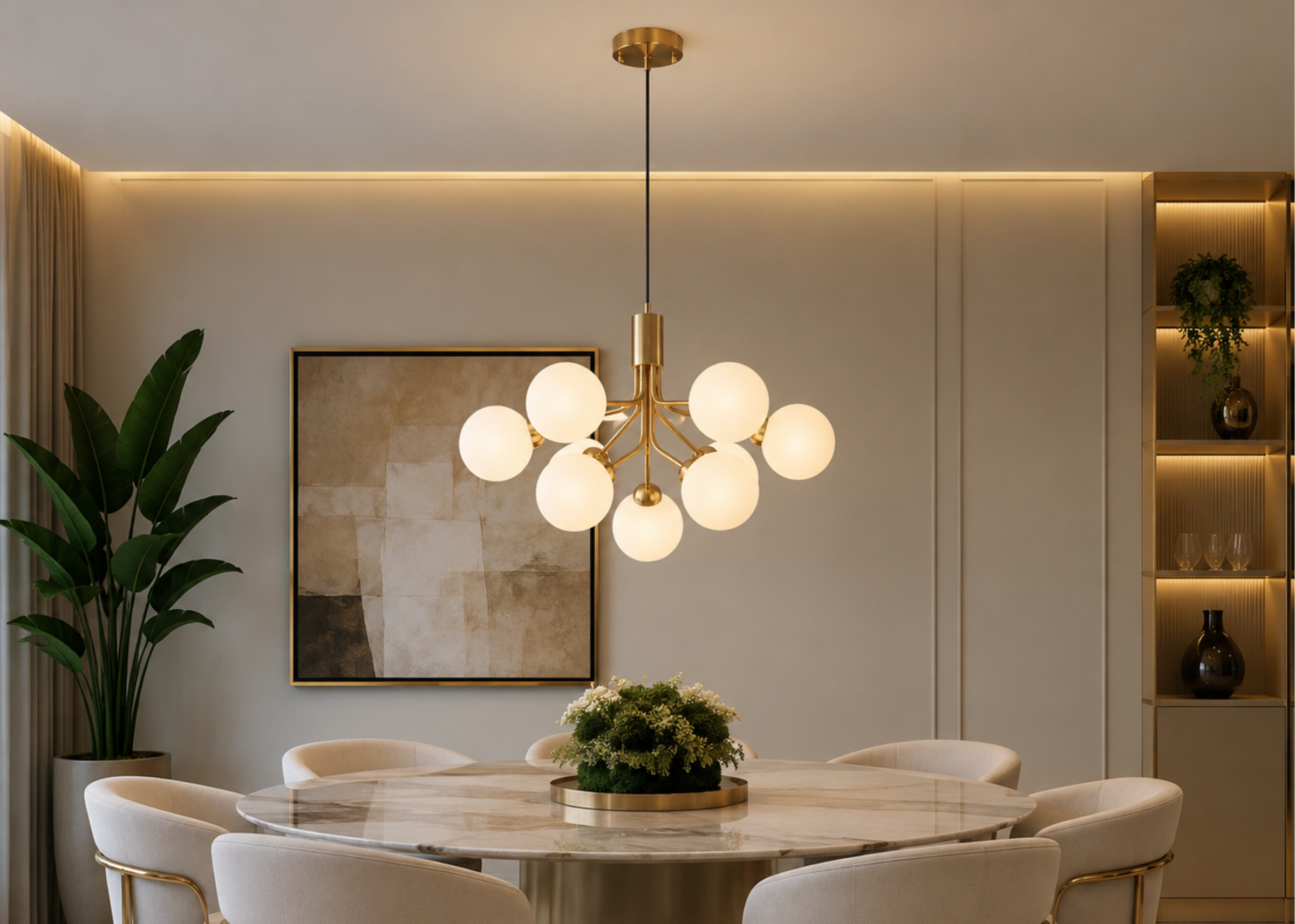 Pendente modelo 5037 com estrutura em metal dourado e globo em vidro leitoso, ideal para compor ambientes contemporâneos e refinados.