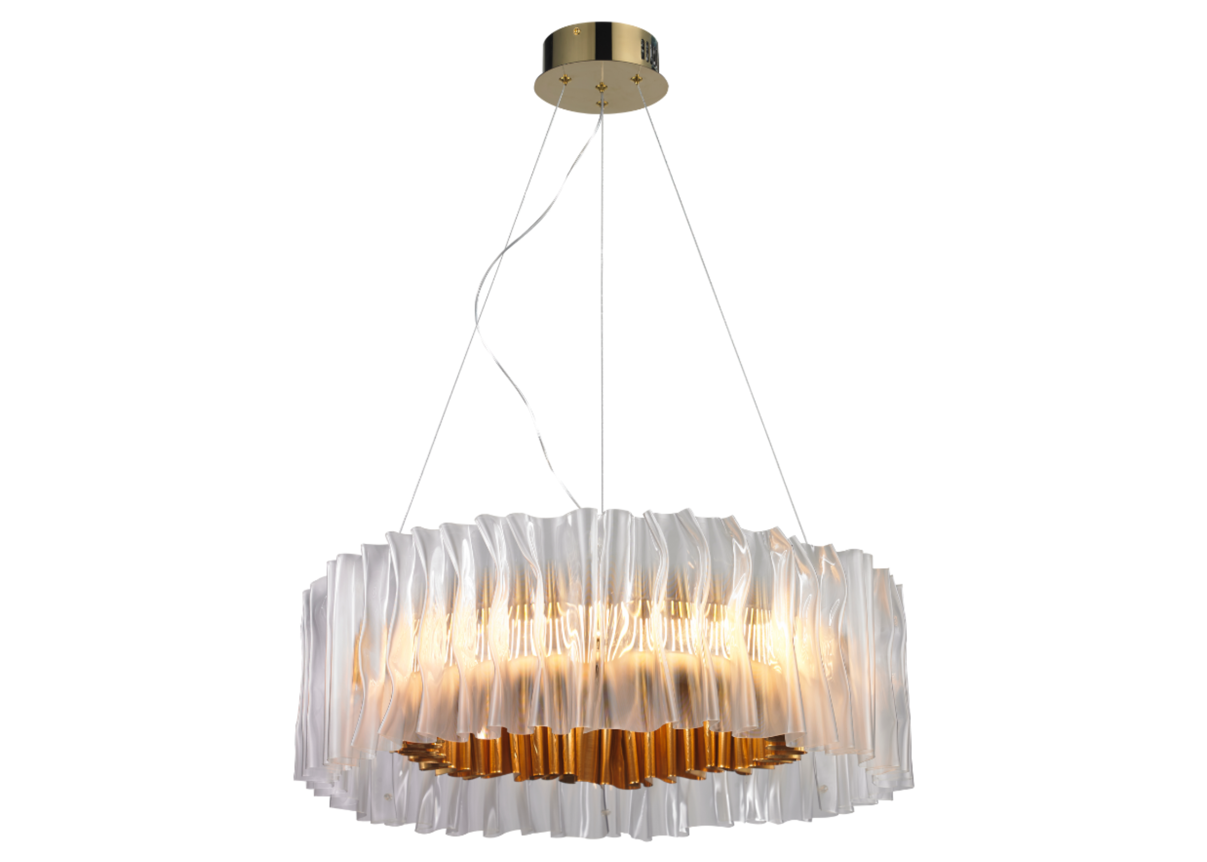 Pendente 5122 com estrutura em metal dourado e acrílico, apresentando design elegante e sofisticado para ambientes modernos.