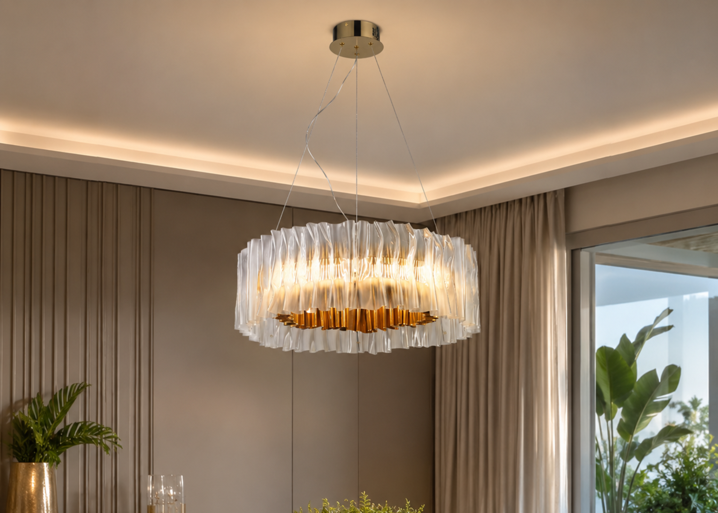 Pendente 5122 com design moderno, estrutura em metal dourado e acrílico, proporcionando iluminação elegante para diversos ambientes.