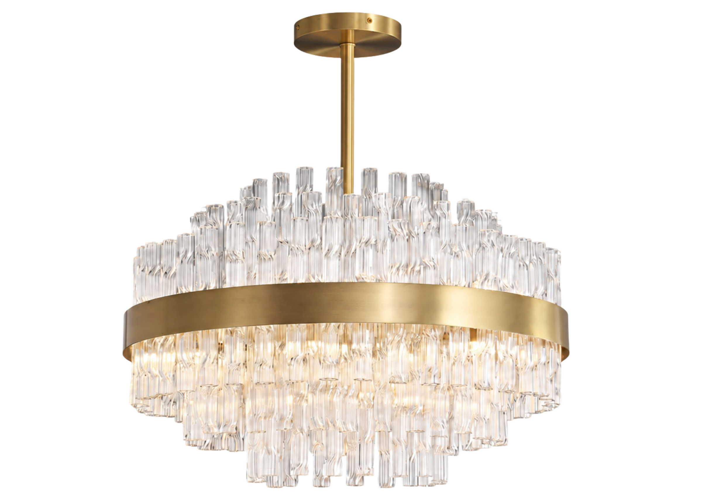 Pendente 5127 com estrutura em metal dourado e difusores cilíndricos em vidro, apresentando design elegante e sofisticado para ambientes modernos.