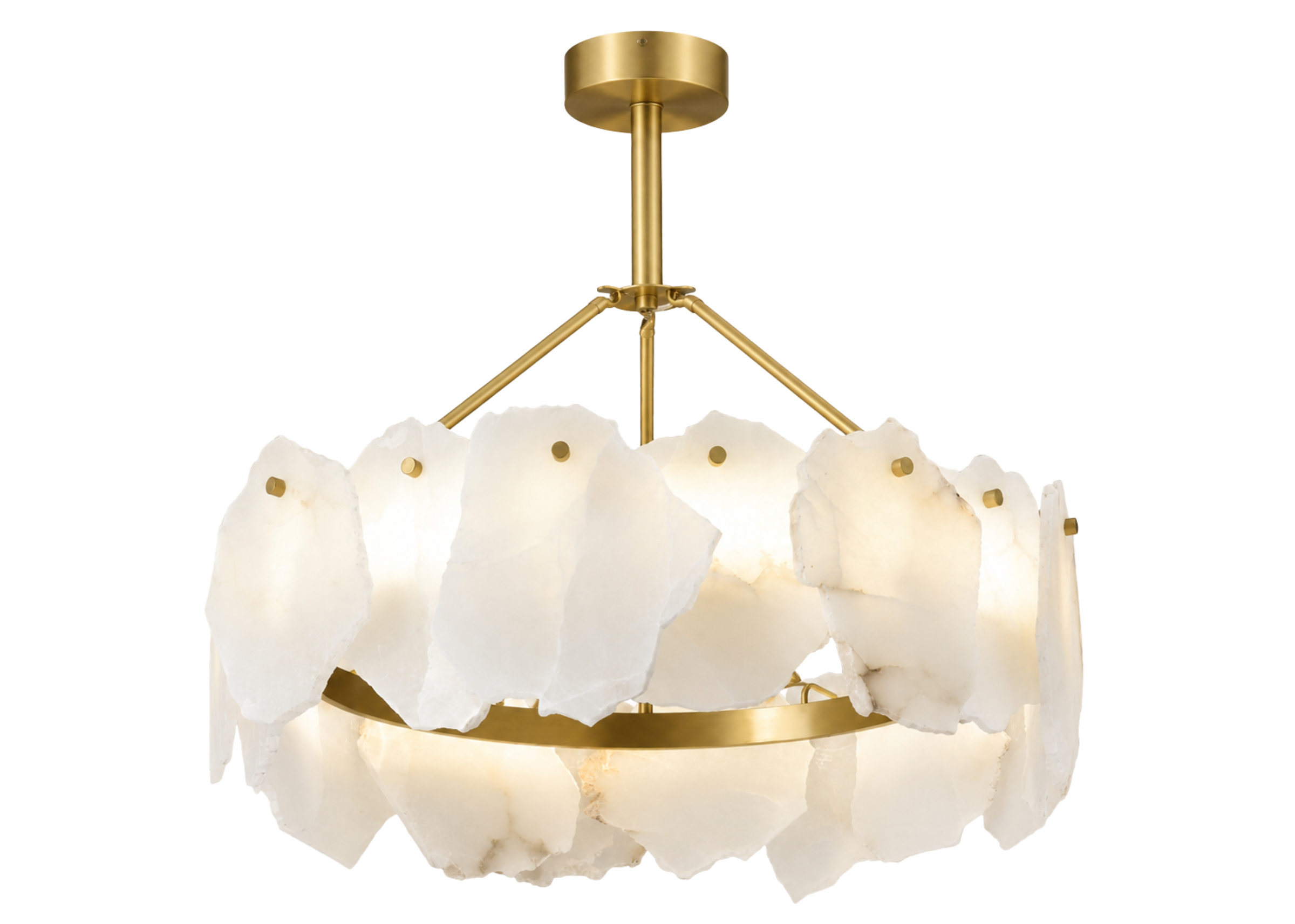Pendente 5134 com estrutura em metal dourado e difusores em alabastro, apresentando design elegante e sofisticado para ambientes modernos.