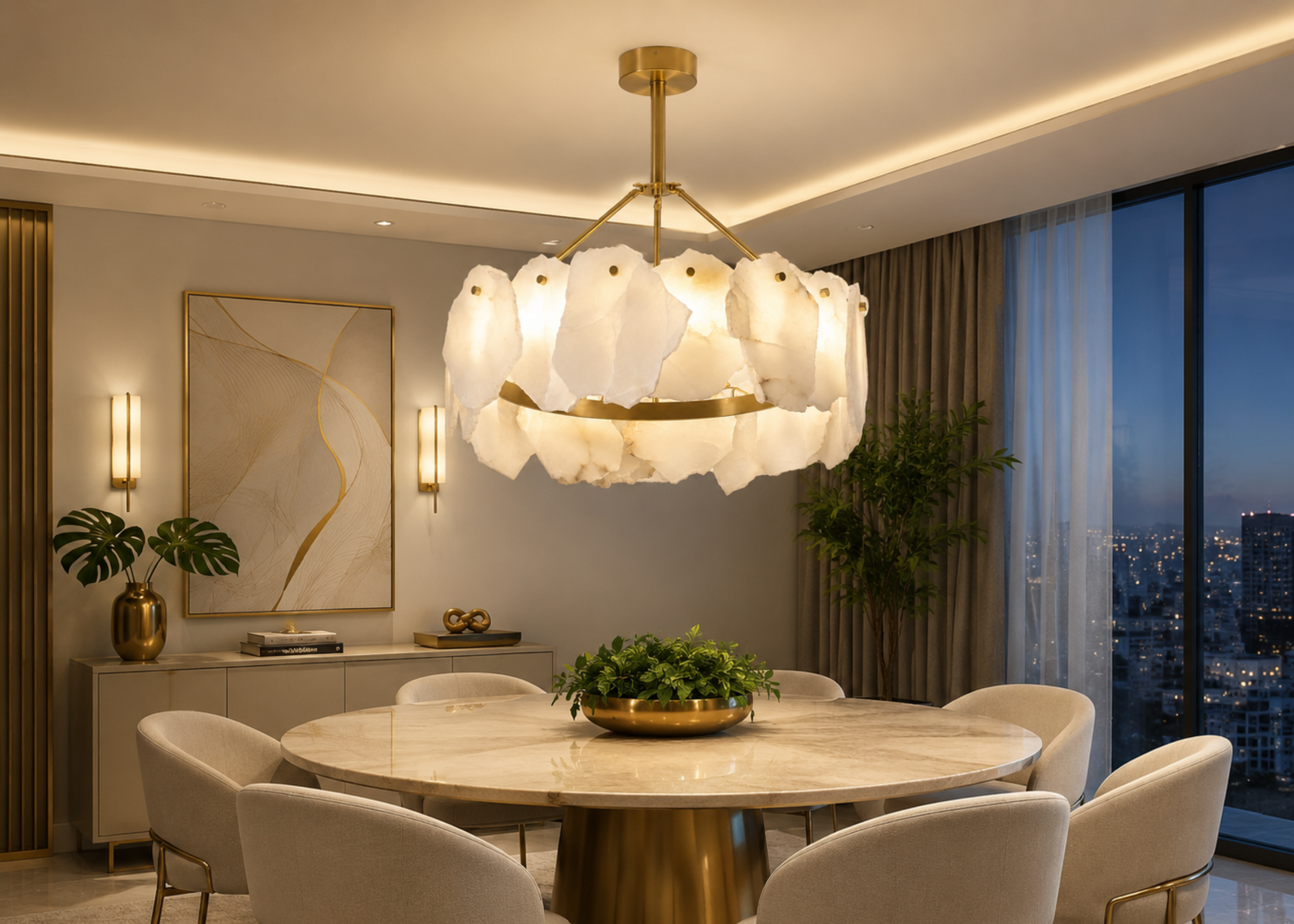 Pendente 5134 com design moderno, estrutura em metal dourado e difusores em alabastro, proporcionando iluminação elegante para diversos ambientes.