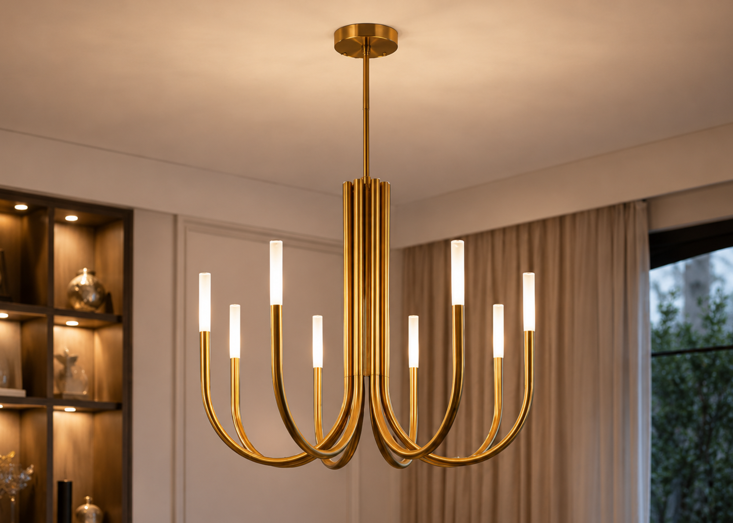 Pendente modelo 5139 com estrutura em metal dourado e acabamento em acrílico, ideal para compor ambientes contemporâneos e refinados.
