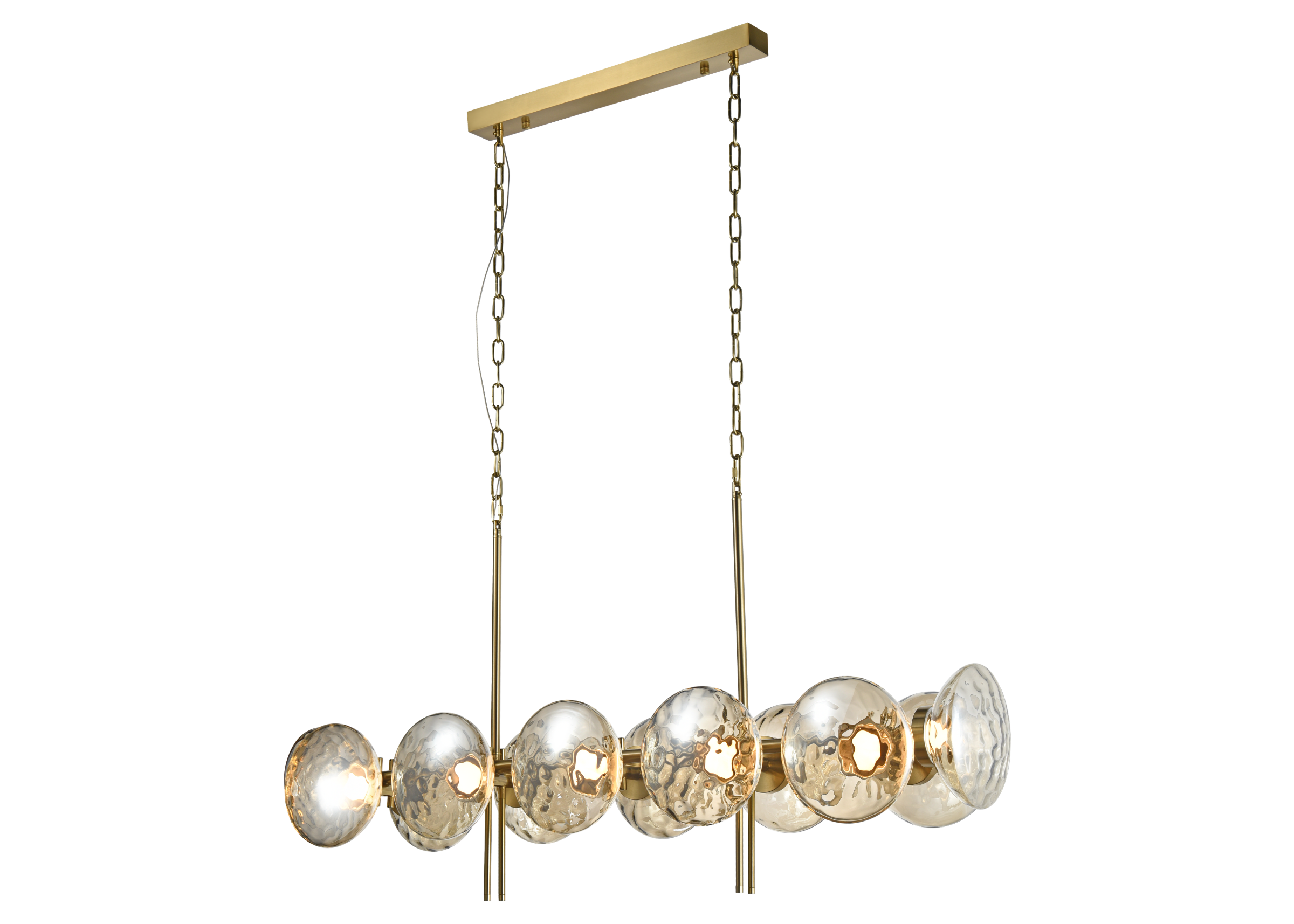 Pendente 5147 com estrutura em metal dourado e globos em vidro âmbar texturizado, apresentando design elegante e sofisticado para ambientes modernos.