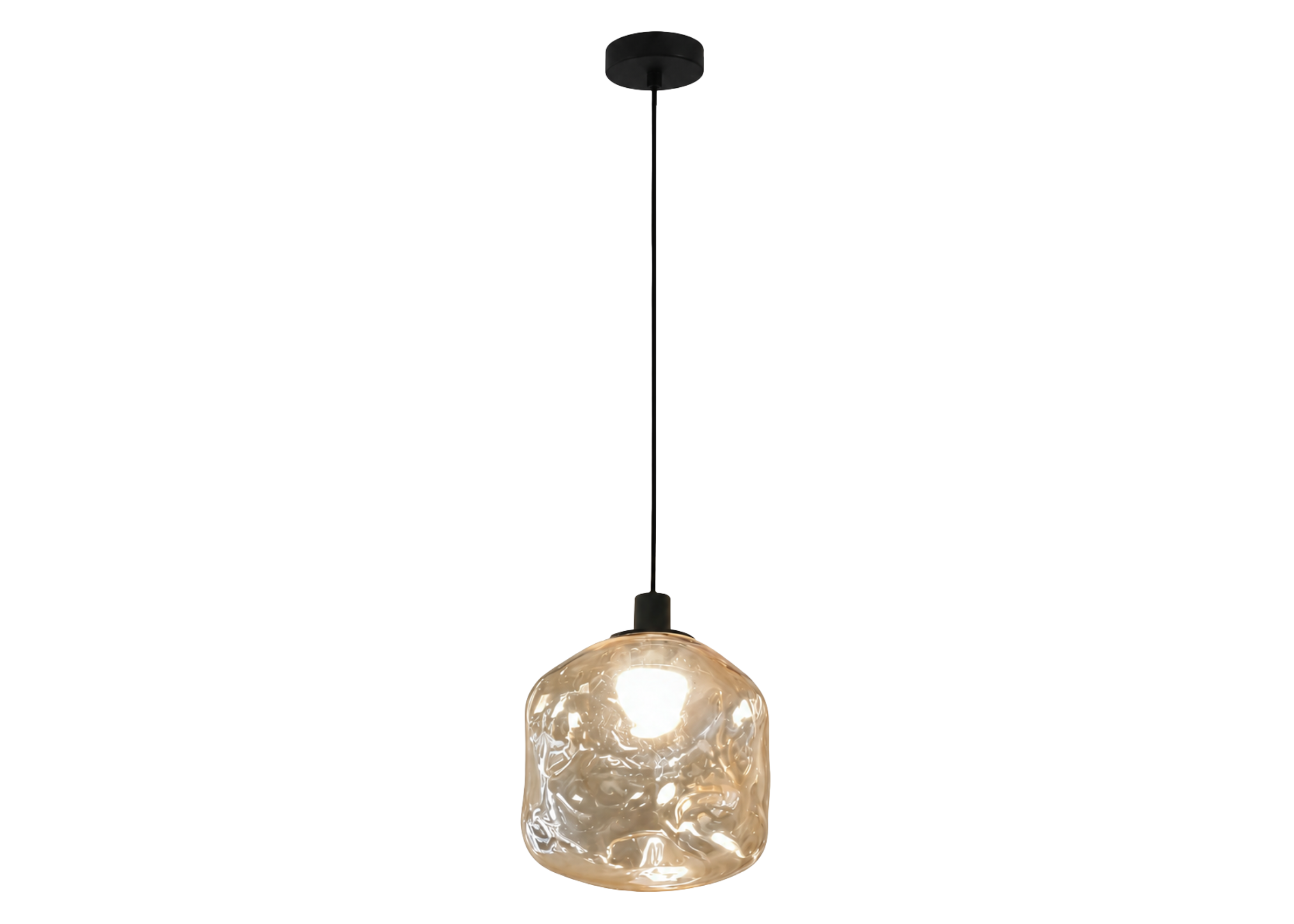 Pendente 5157 com vidro âmbar e estrutura em metal preto, apresentando design elegante e sofisticado para ambientes modernos.