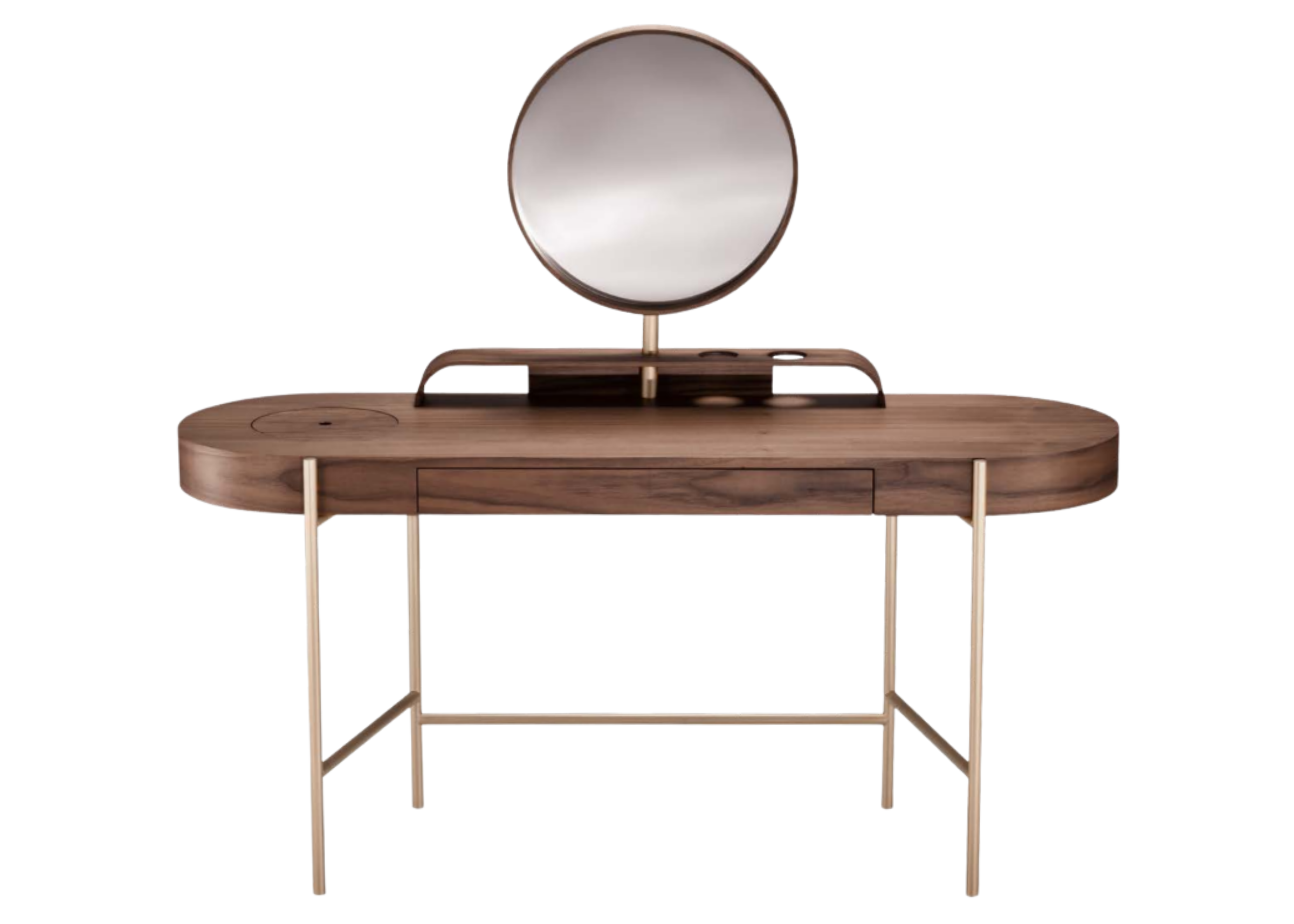 Penteadeira com estrutura em madeira e espelho acoplado, base em aço carbono com acabamento dourado. Design moderno e sofisticado, perfeita para compor quartos elegantes, apresentada sobre fundo neutro.
