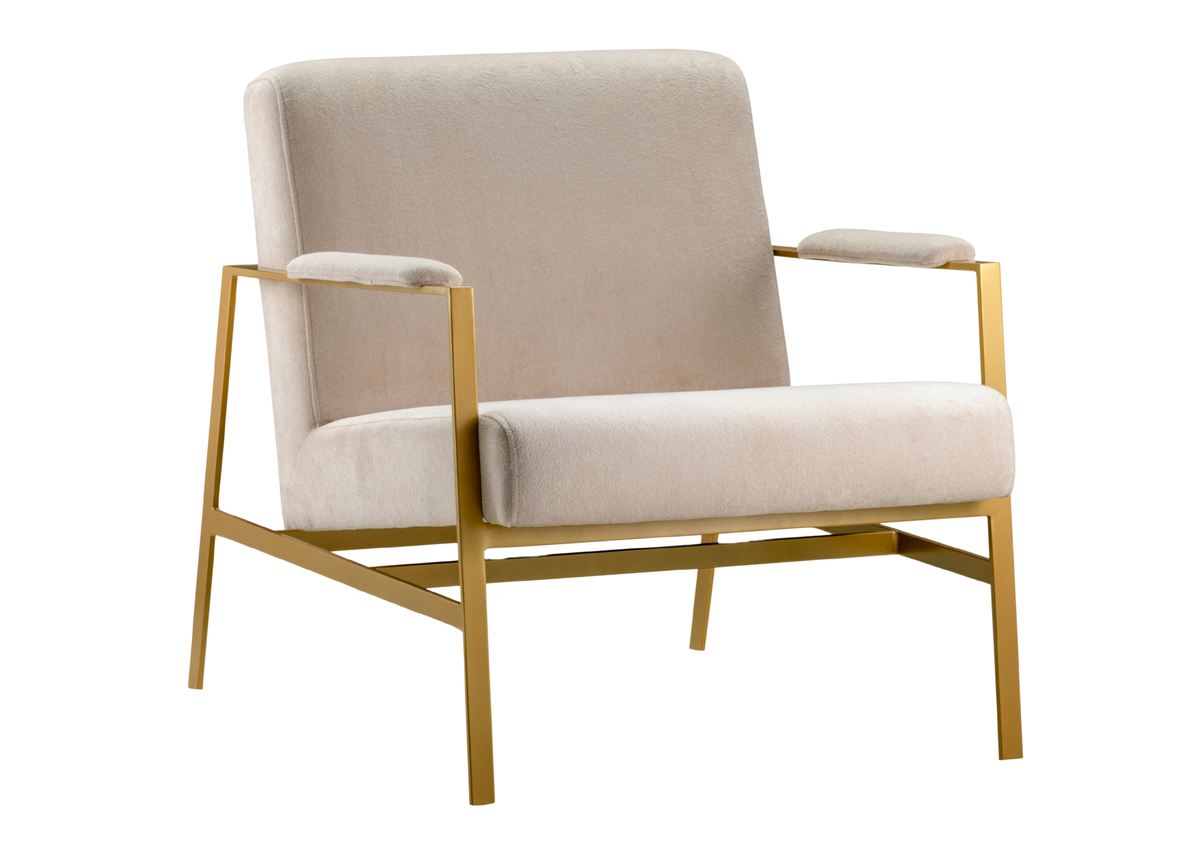 Poltrona Anello com revestimento em bege claro e base dourada, apresentando design sofisticado e acabamento elegante para compor ambientes modernos e luxuosos.