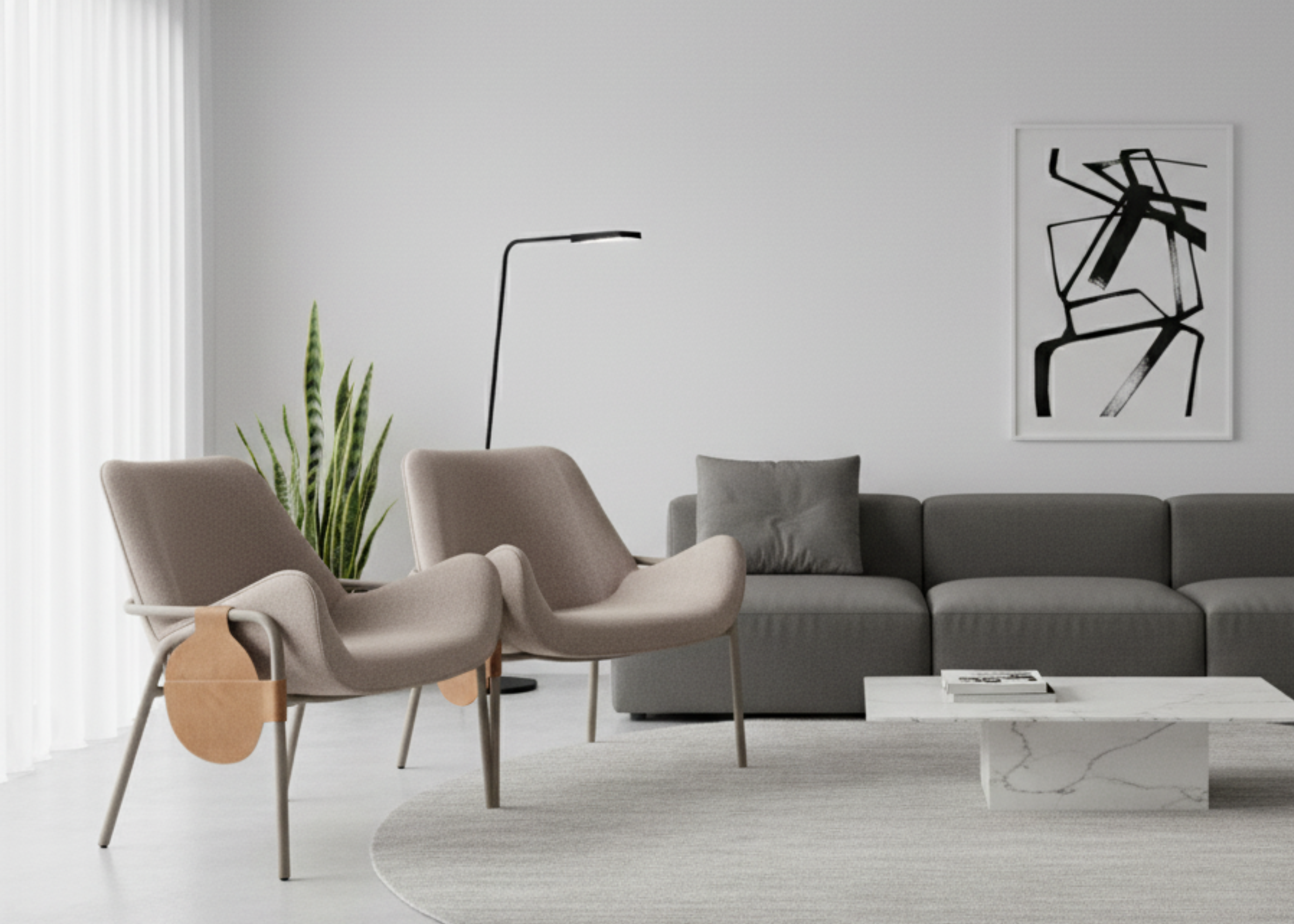 Poltrona Arezzo para sala de estar moderna, acabamento em tecido cinza e base em aço carbono, design sofisticado e funcional.