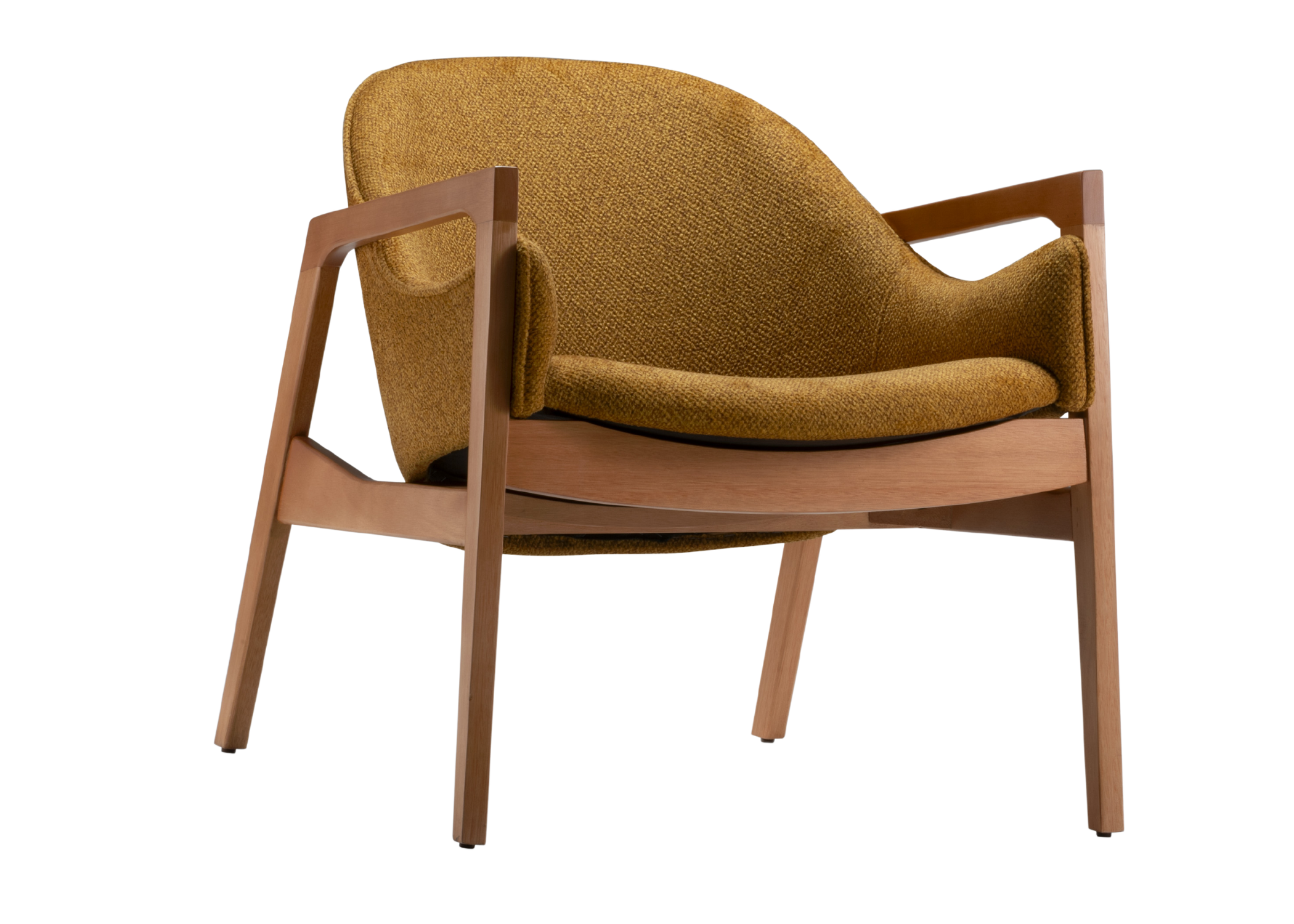 Poltrona Arizona com design moderno, estrutura em madeira laminada e estofado curvo.