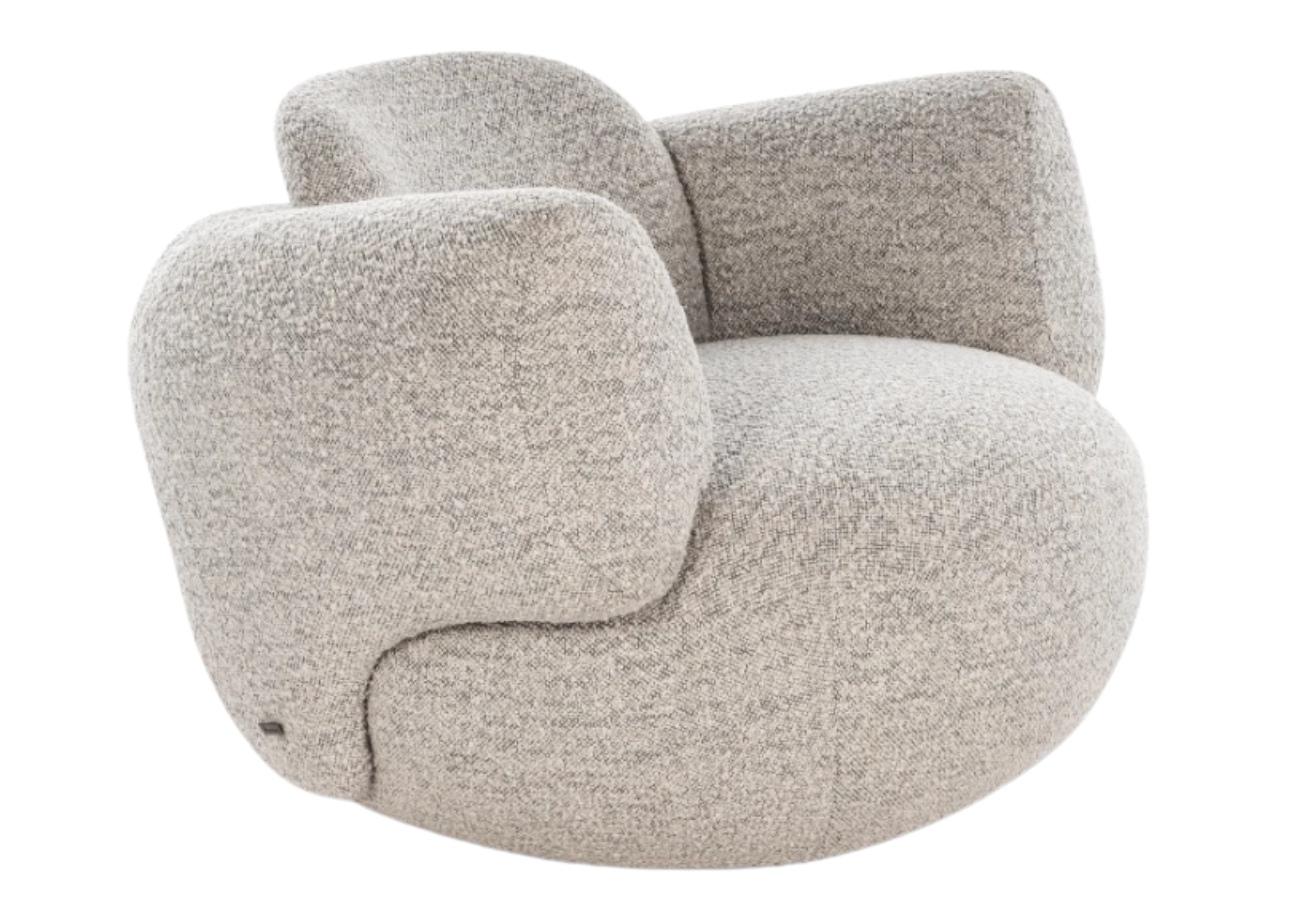 Poltrona Átria em vista lateral sofisticada, revestida em tecido cinza, com design elegante e conforto para ambientes modernos.