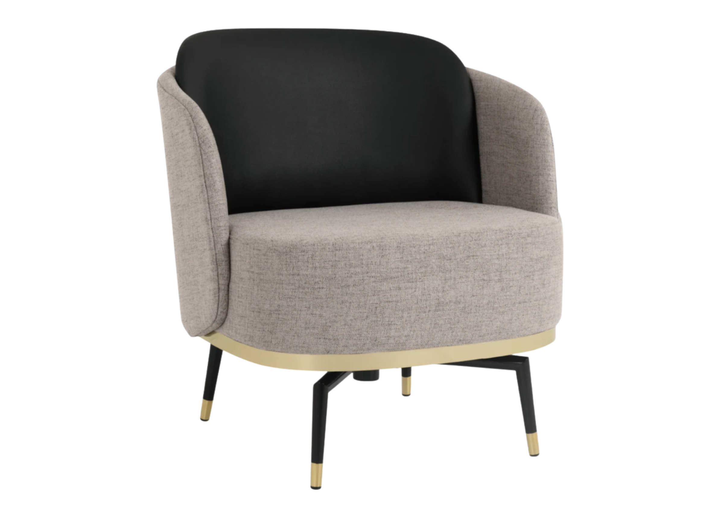 Poltrona Havena com base giratória dourada e estofamento em tecido linho cinza, unindo conforto, elegância e sofisticação para a sala de estar.