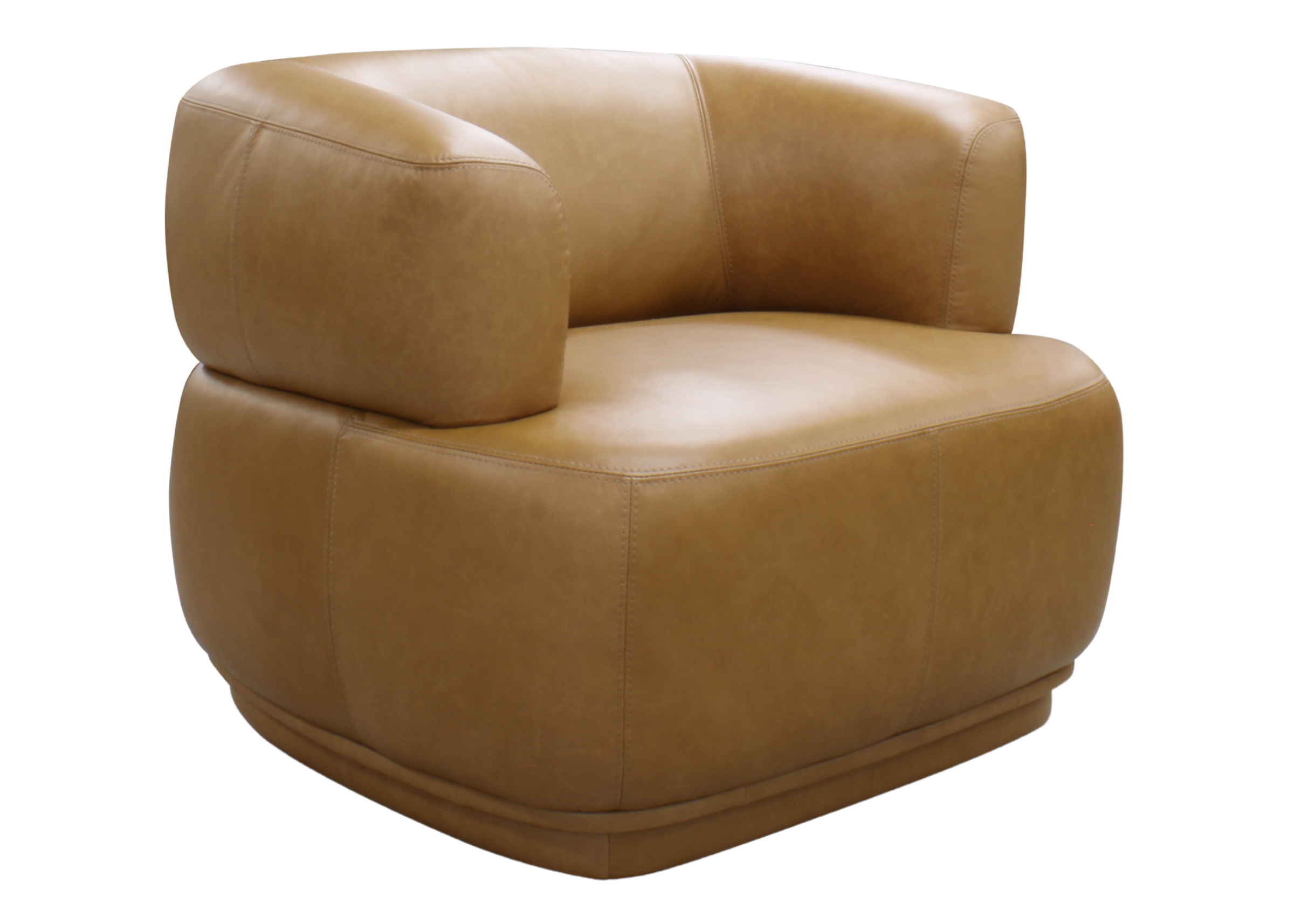 Poltrona Belleza Contemporânea revestida em soft couro, vista sobre fundo neutro. Assento elegante e confortável para decoração de salas de estar ou ambientes corporativos modernos.